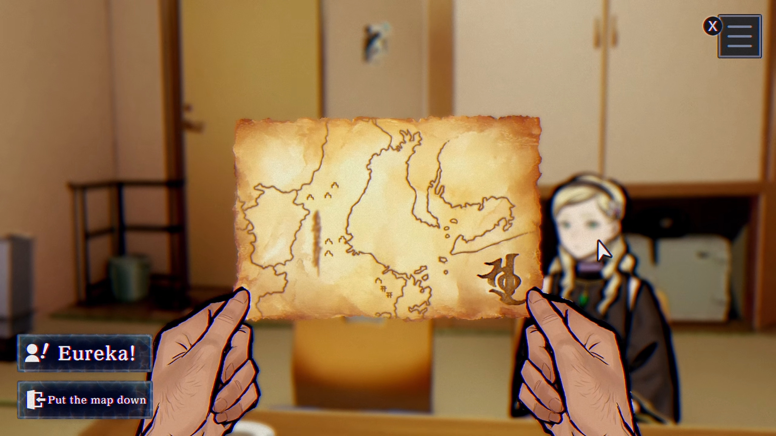 Avi holds a yellowed treasure map of the Ise Bay. A symbol was drawn on the bottom tight. Behind, Circe looks at him manipulating the piece of paper.