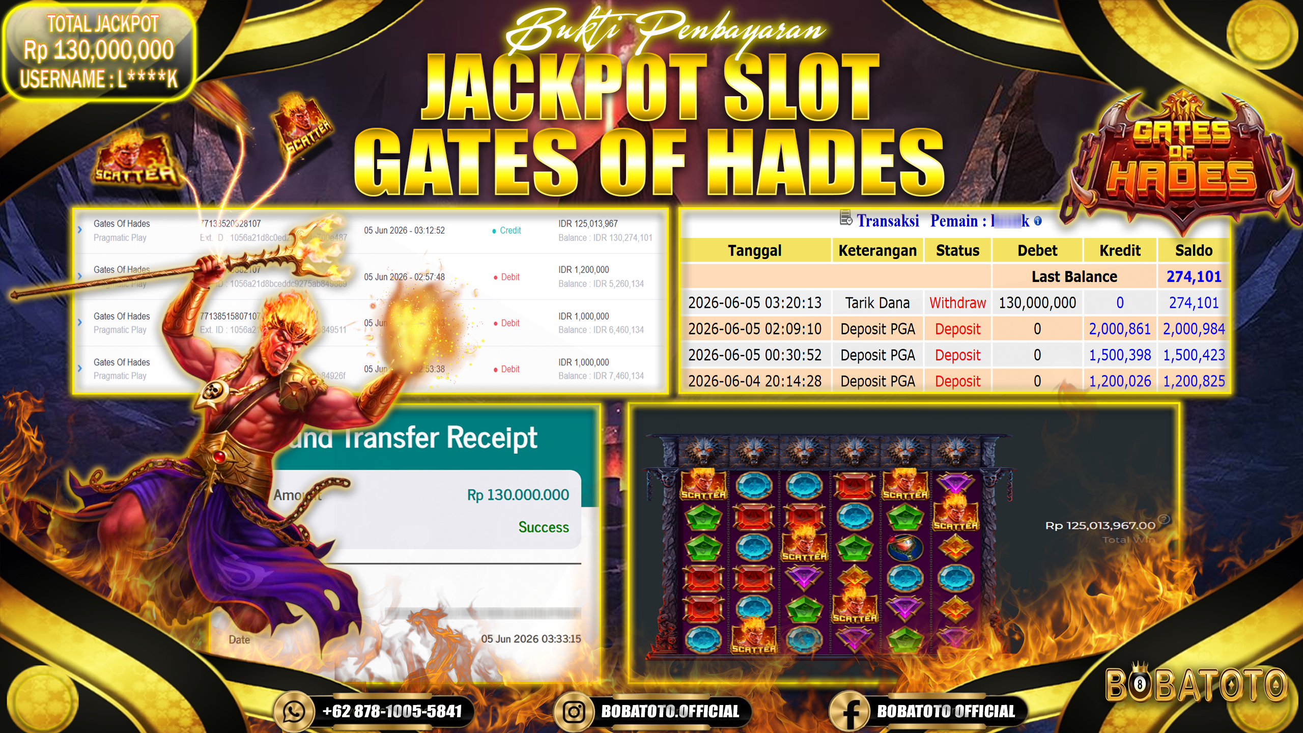 BOBATOTO JACKPOT SLOT PRAGMATIC GATES OF HADES Rp.130,000,000,- LUNAS!!! 