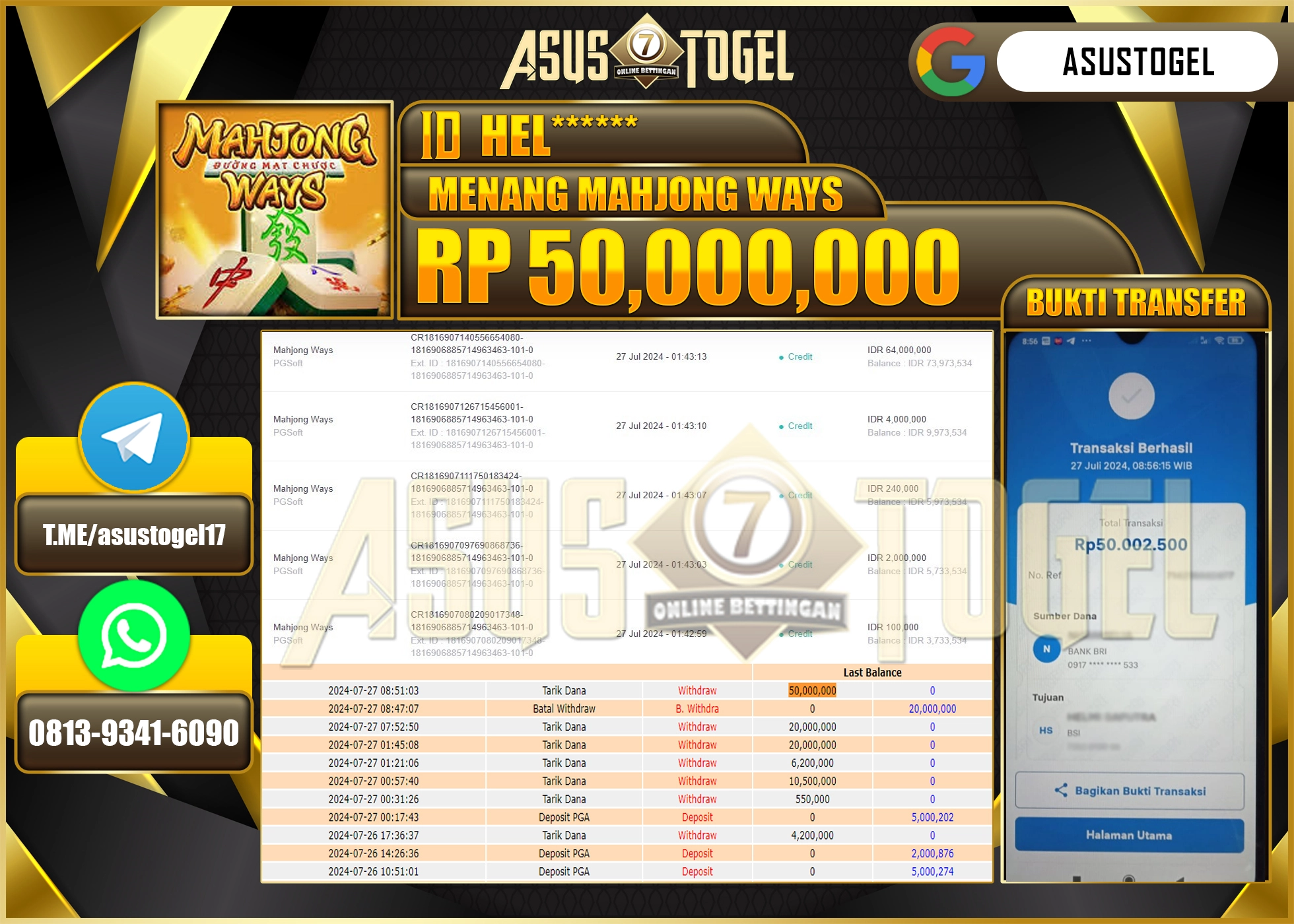 ASUSTOGEL KEMENANGAN DI PGSOFT MAHJONG WAYS 2 SEBESAR 50,000,000- RUPIAH LUNAS