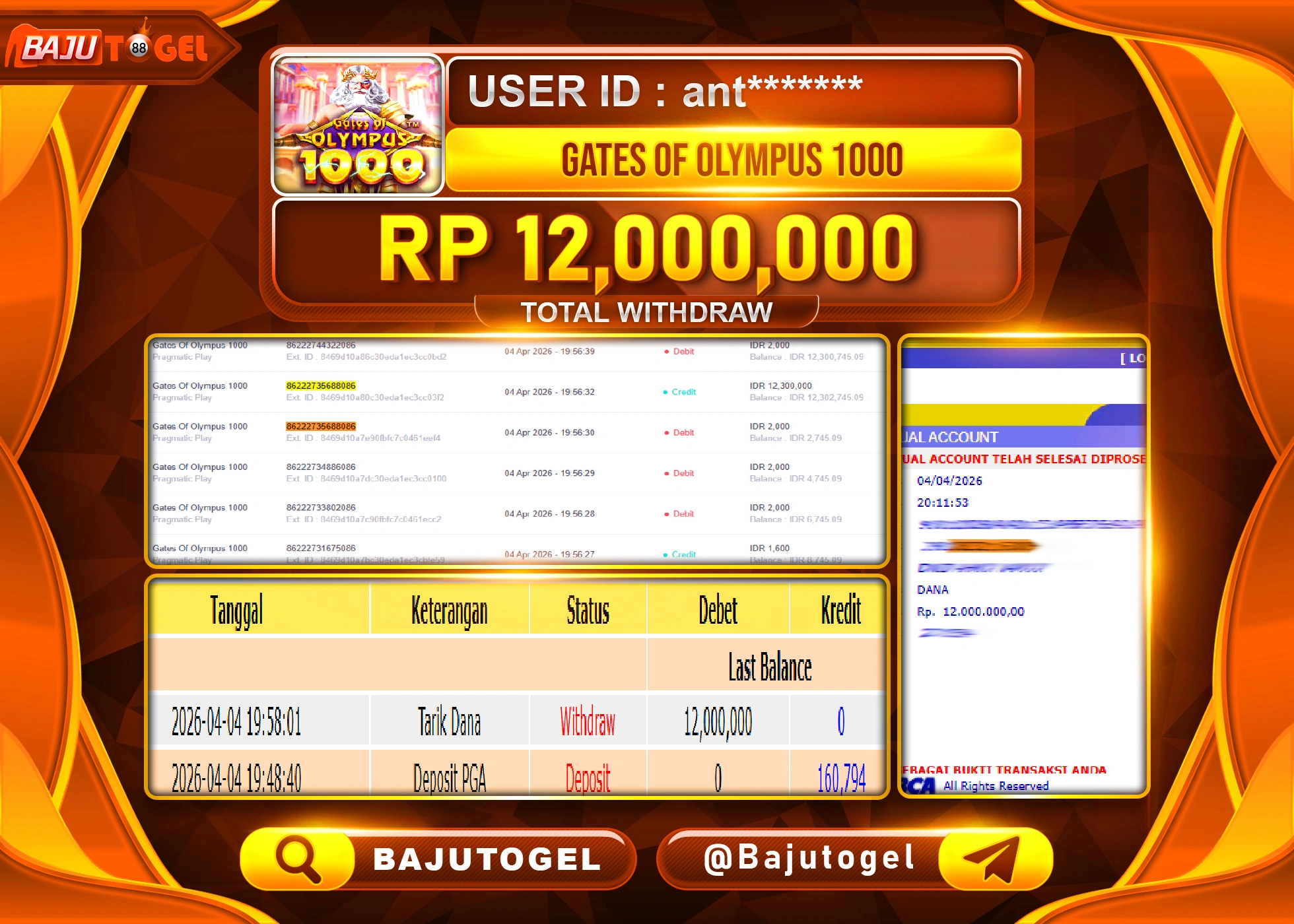 BAJUTOGEL KEMENANGAN DI GATES OF OLYMPUS 1000 Rp.12,000,000 LUNAS