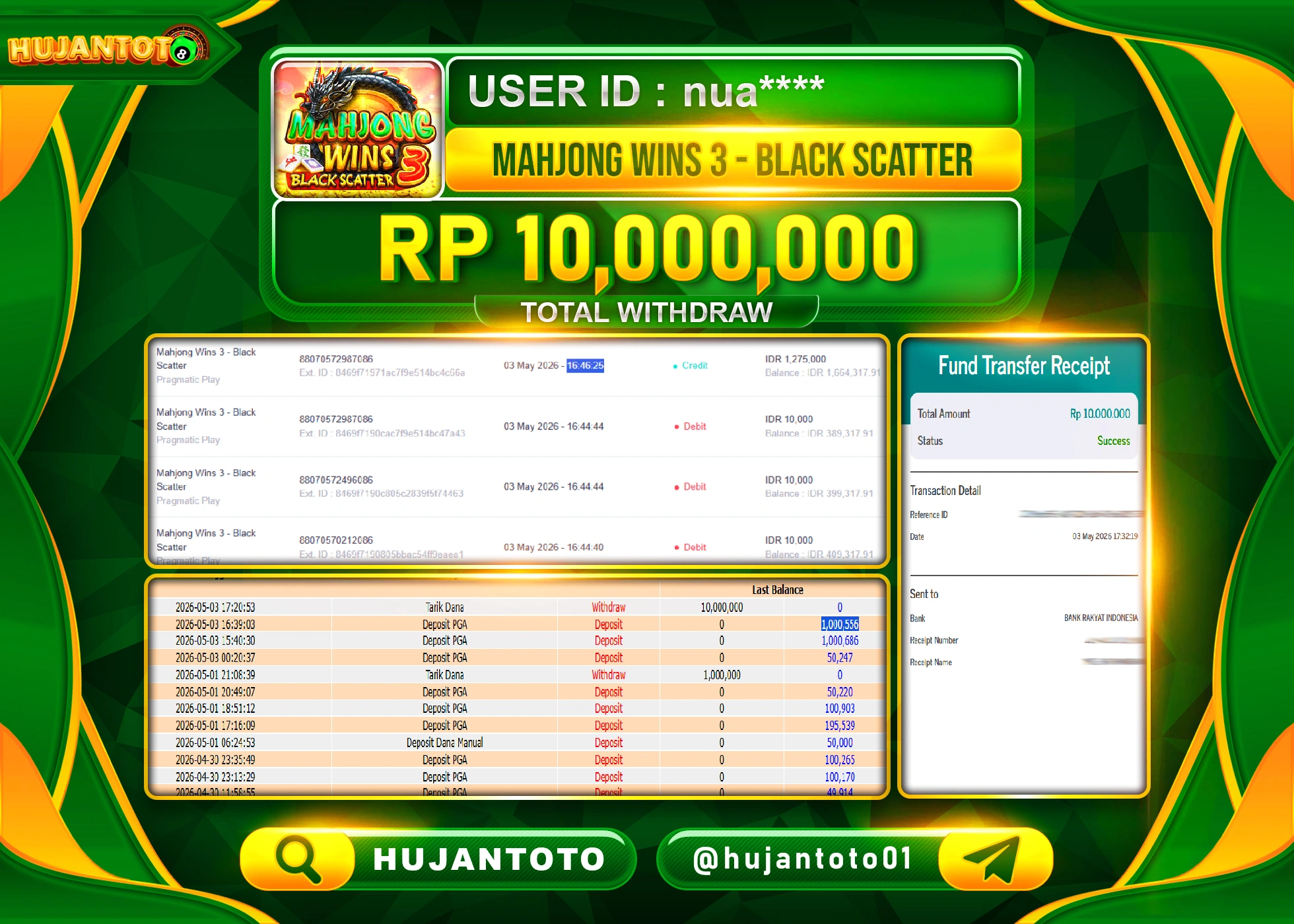 HUJANTOTO - BUKTI JACKPOT MENANG SLOT MAHJONG WINS 3 BLACK SCATTER Rp.10,000,000 - TERBAYAR LUNAS