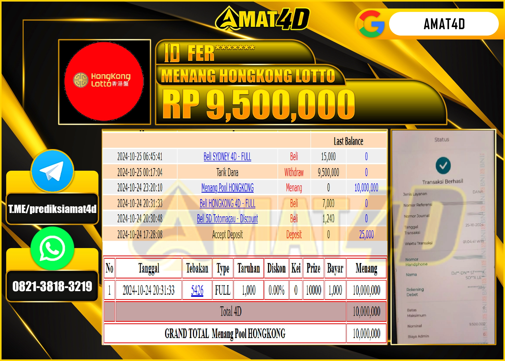AMAT4D KEMENANGAN JACKPOT HONGKONG LOTTO Rp.9,500,000 BERHASIL DI BAYAR LUNAS !