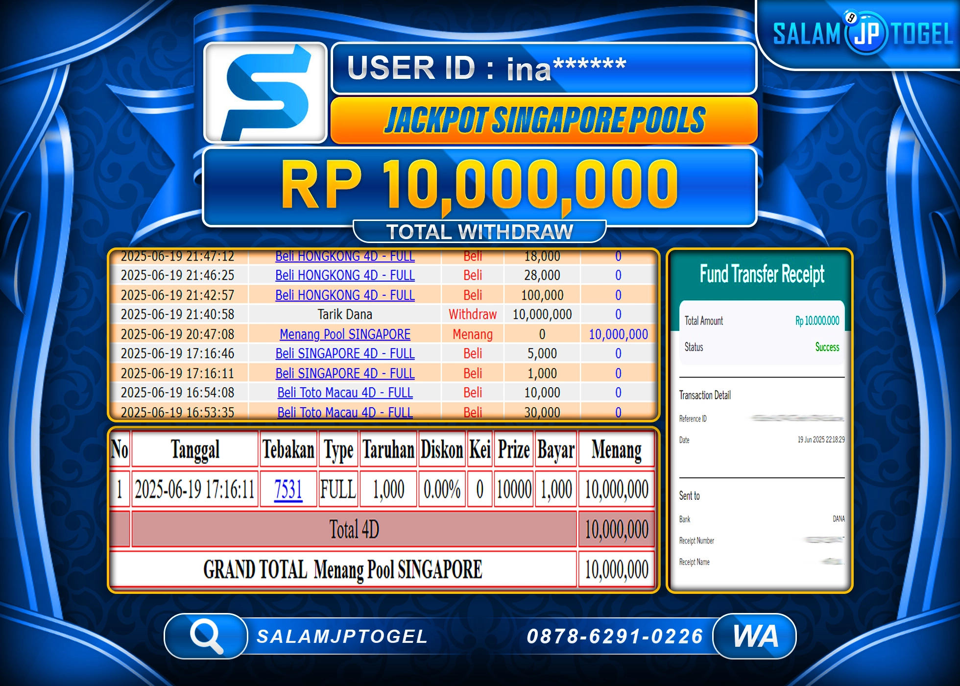 SALAMJPTOGEL MENANG SINGAPORE POOLS Rp.10,000,000 LUNAS
