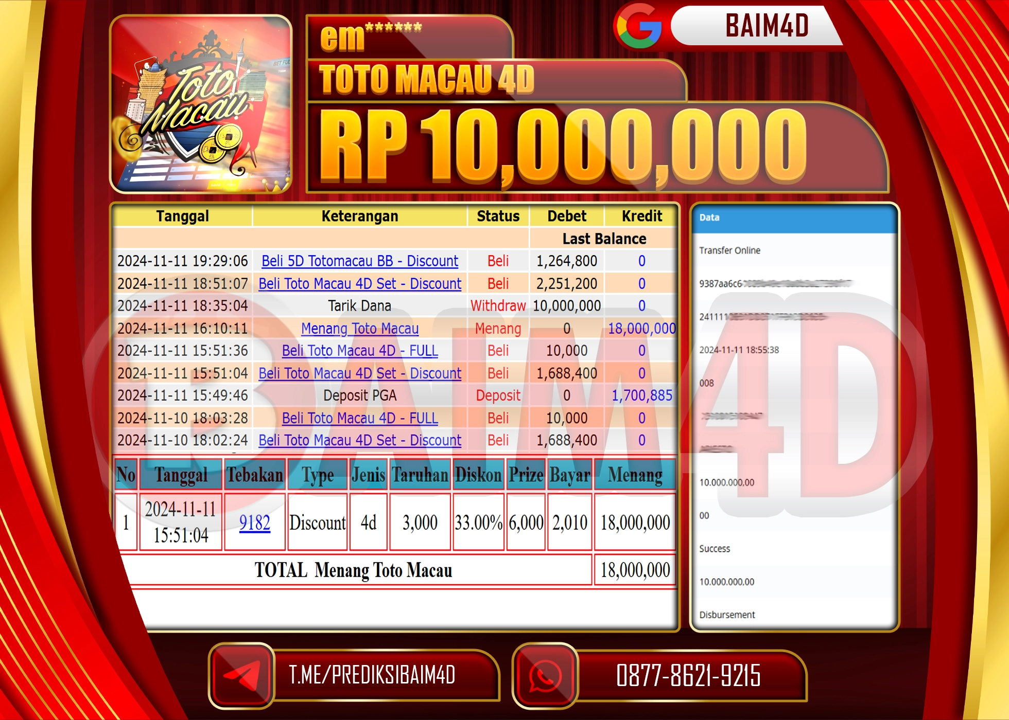 BAIM4D JACKPOT MENANG TOTO MACAU POOLS Rp.10.000,000.- LUNAS