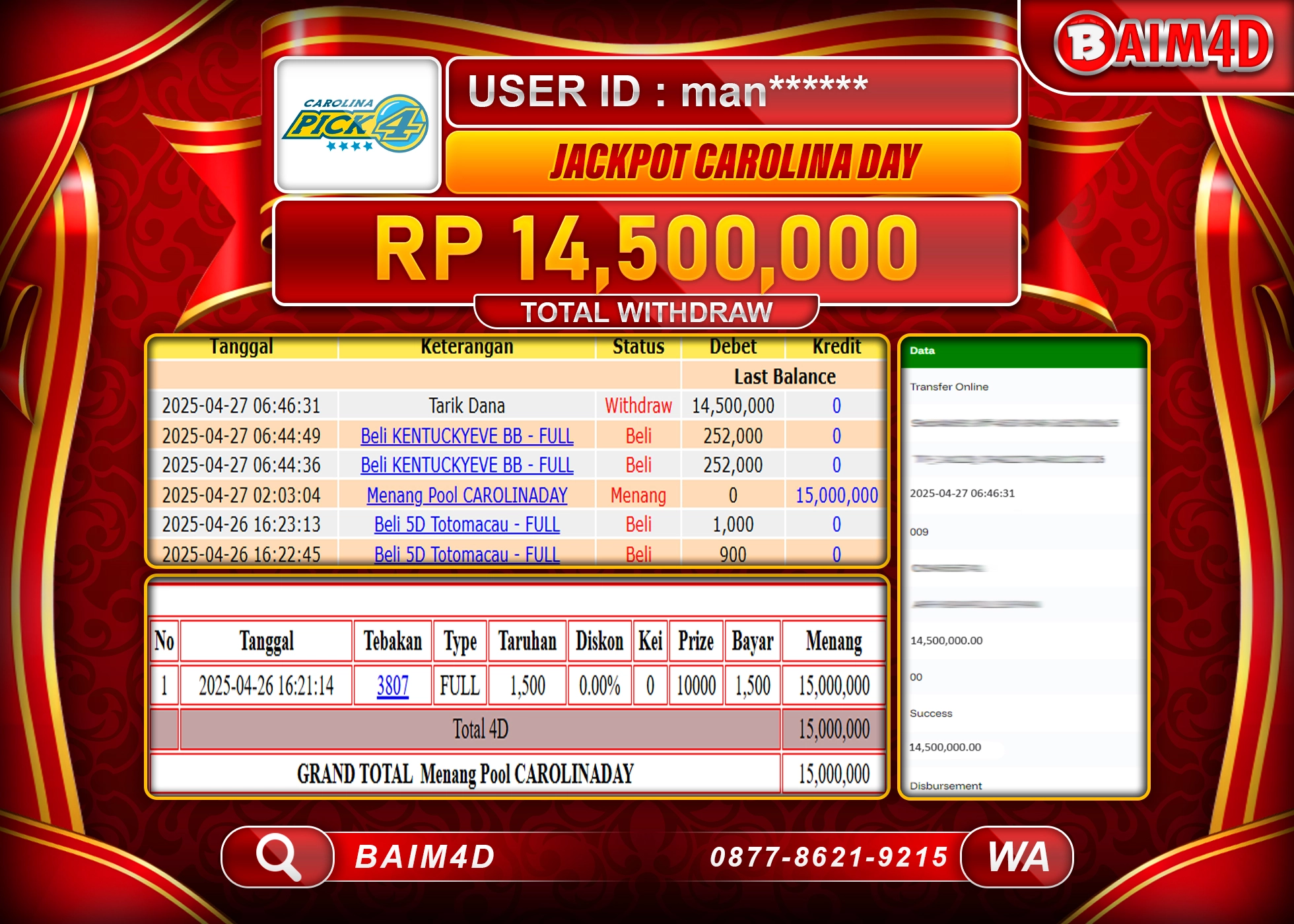 BAIM4D MENANG  JACKPOT CAROLINA DAY POOLS Rp.14.500,000.- LUNAS