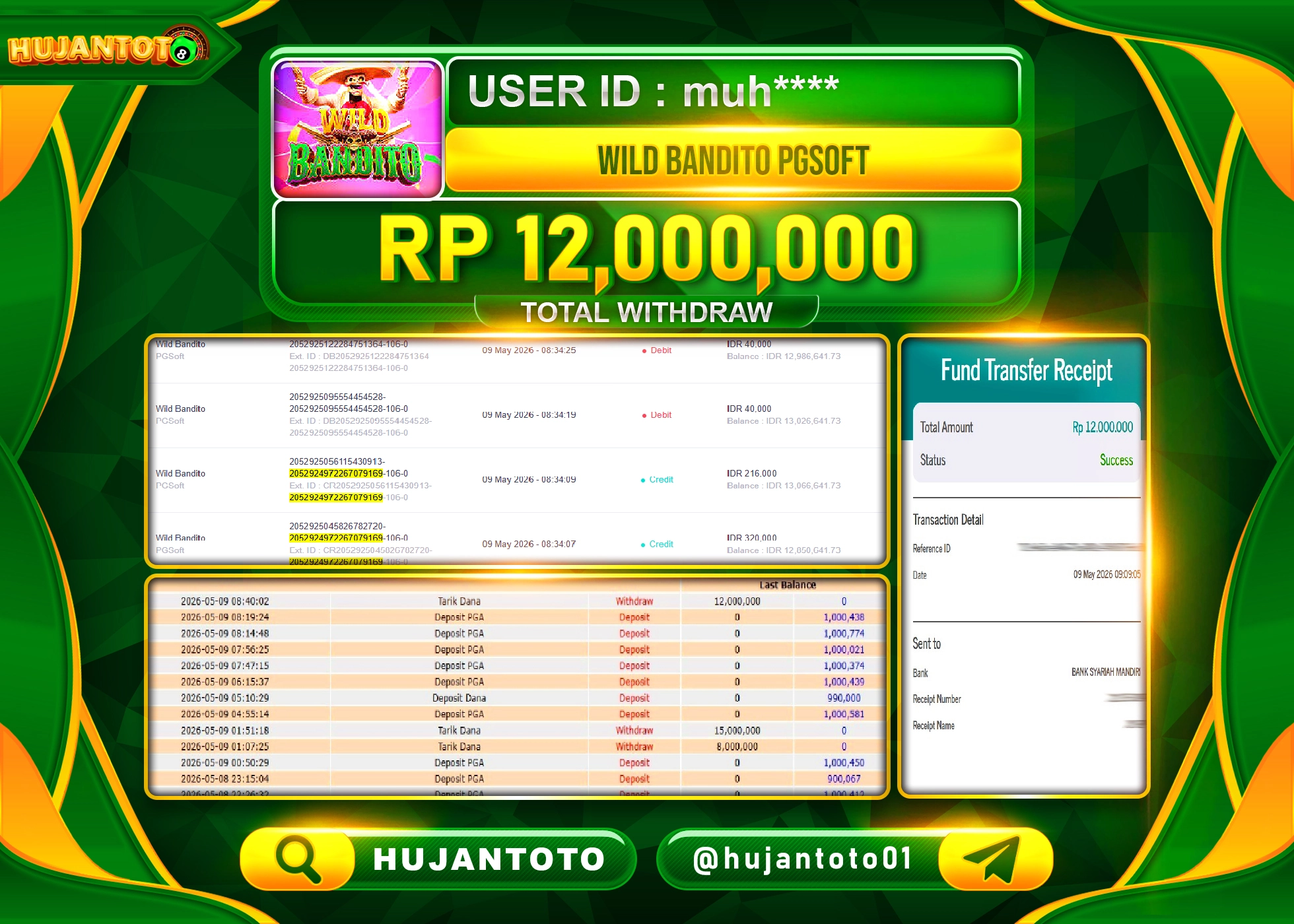 HUJANTOTO - BUKTI JACKPOT MENANG SLOT WILD BANDITO PG SOFT Rp.12,000,000 - TERBAYAR LUNAS