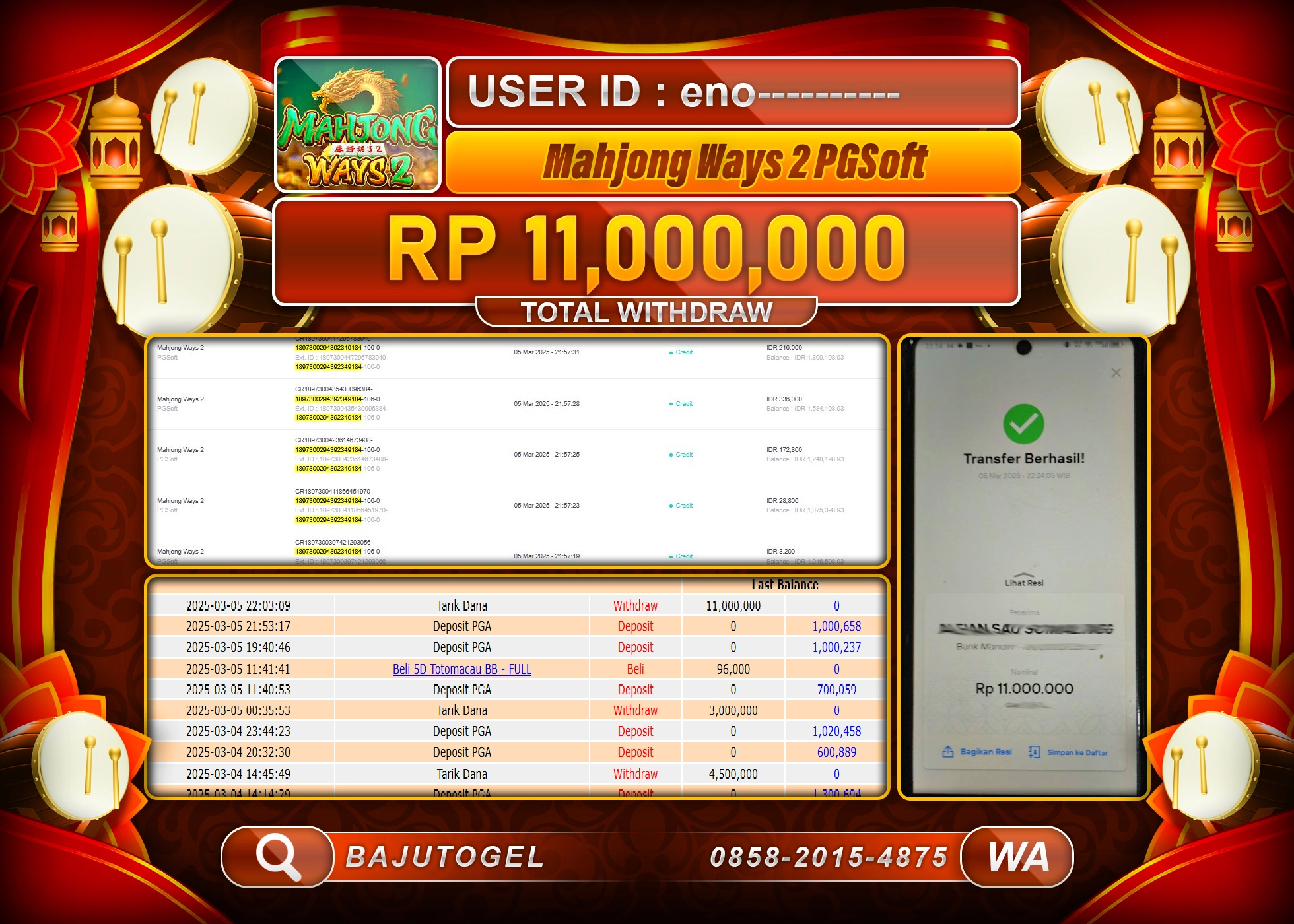 BAJUTOGEL KEMENANGAN MAHJONG WAYS 2 Rp.11.000.000 LUNAS