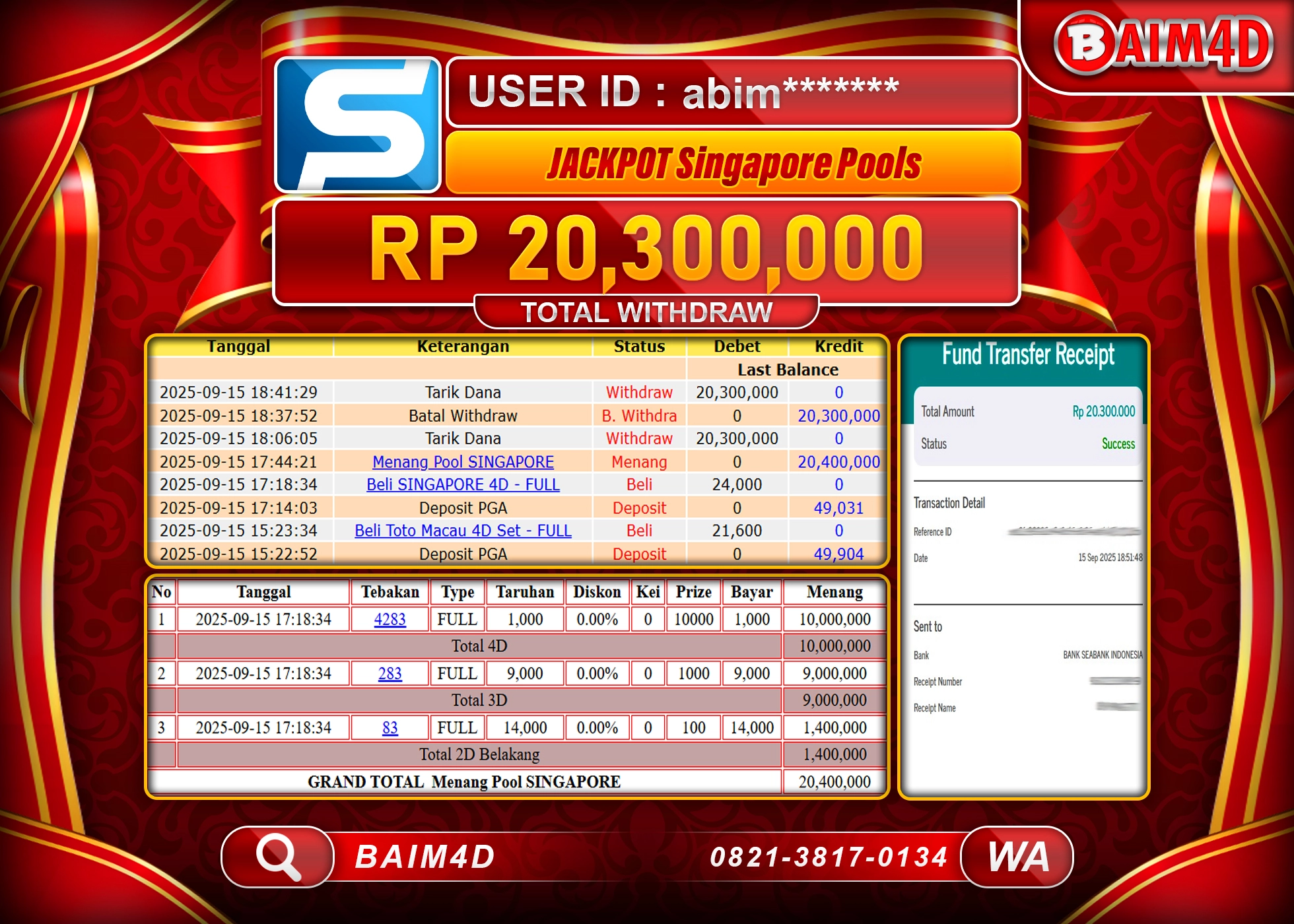 BAIM4D JACKPOT BESAR TOGEL SINGAPORE  Rp.20,300,000.- LUNAS