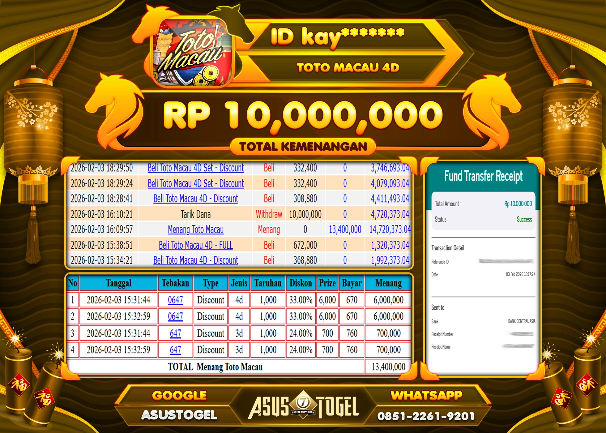 ASUSTOGEL KEMENANGAN DI TOGEL TOTO MACAU 4D SEBESAR 10,000,000 - RUPIAH LUNAS
