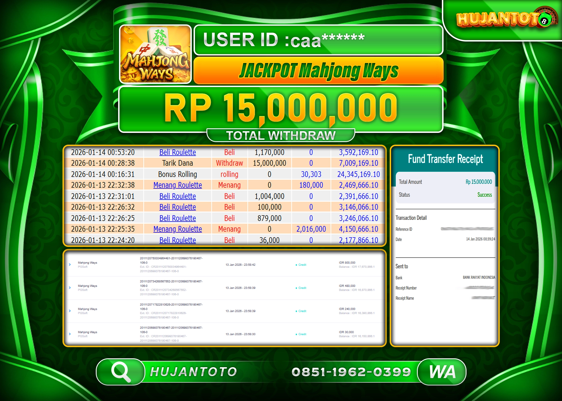 HUJANTOTO - BUKTI JACKPOT MENANG SLOT MAHJONG WAYS Rp.15,000,000 - TERBAYAR LUNAS