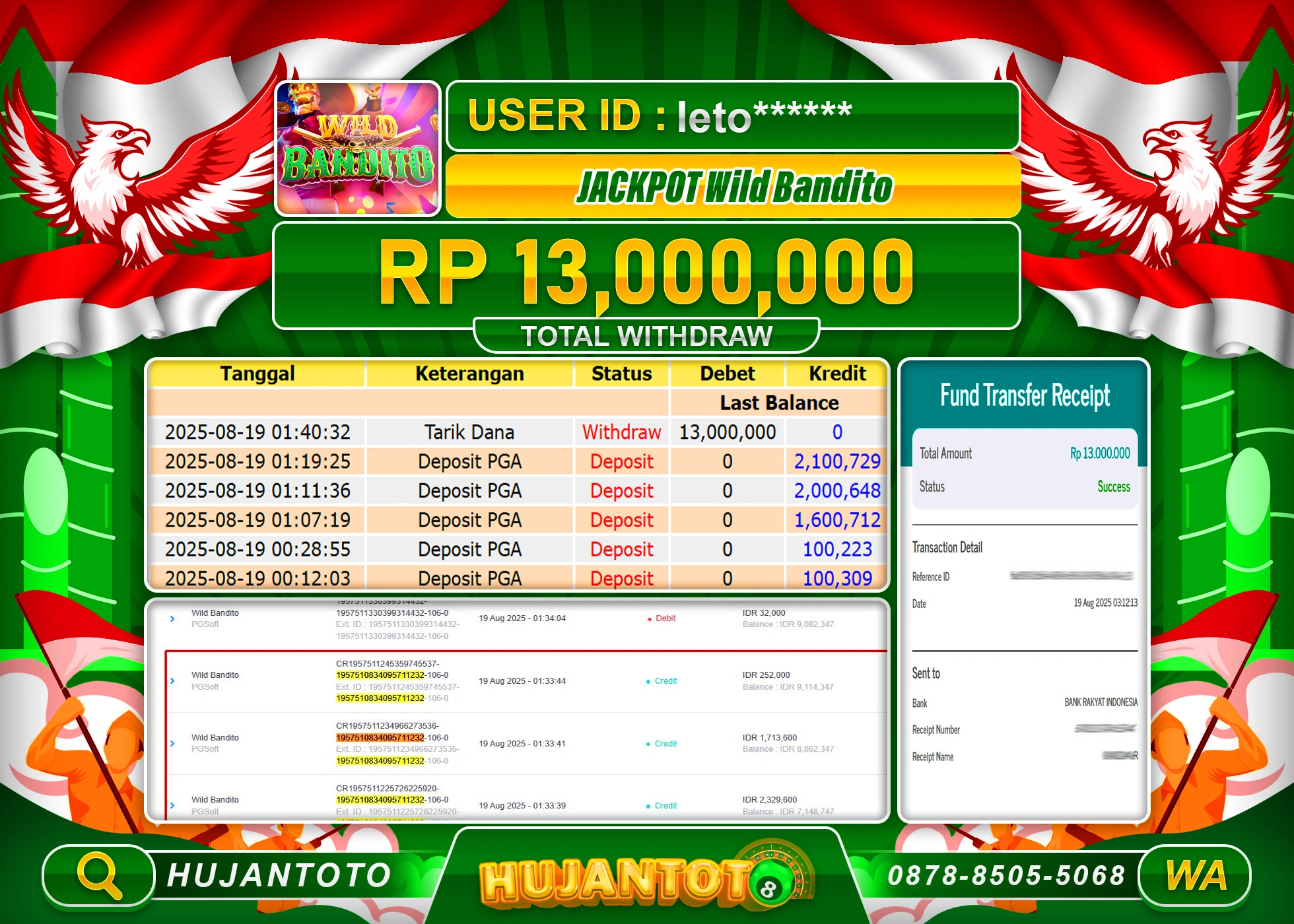 HUJANTOTO - BUKTI JACKPOT MENANG BESAR SLOT WILD BANDITO Rp.13,000,000 - TERBAYAR LUNAS