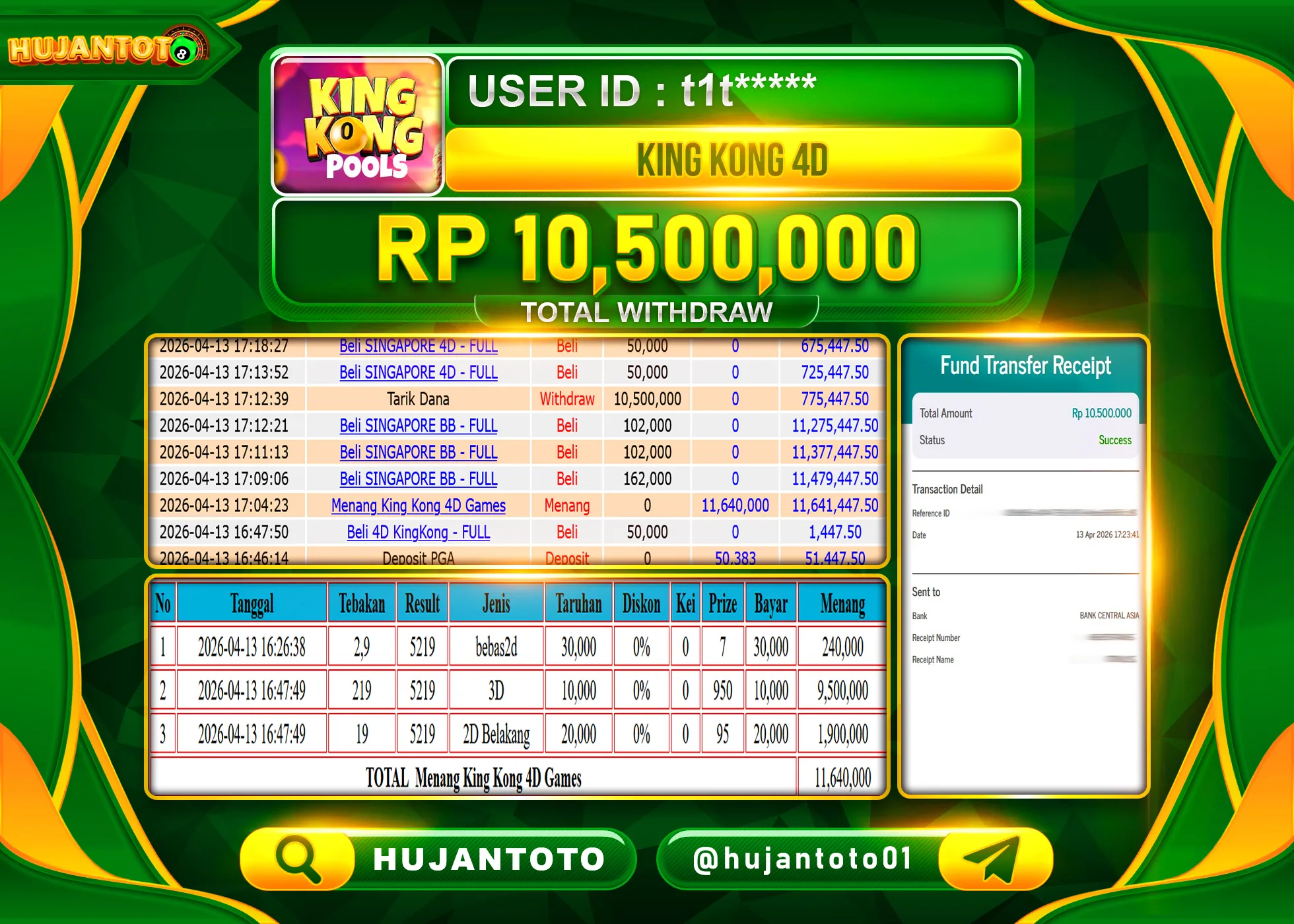 HUJANTOTO - BUKTI JACKPOT MENANG TOGEL PASARAN KING KONG 4D Rp.10,500,000 - TERBAYAR LUNAS