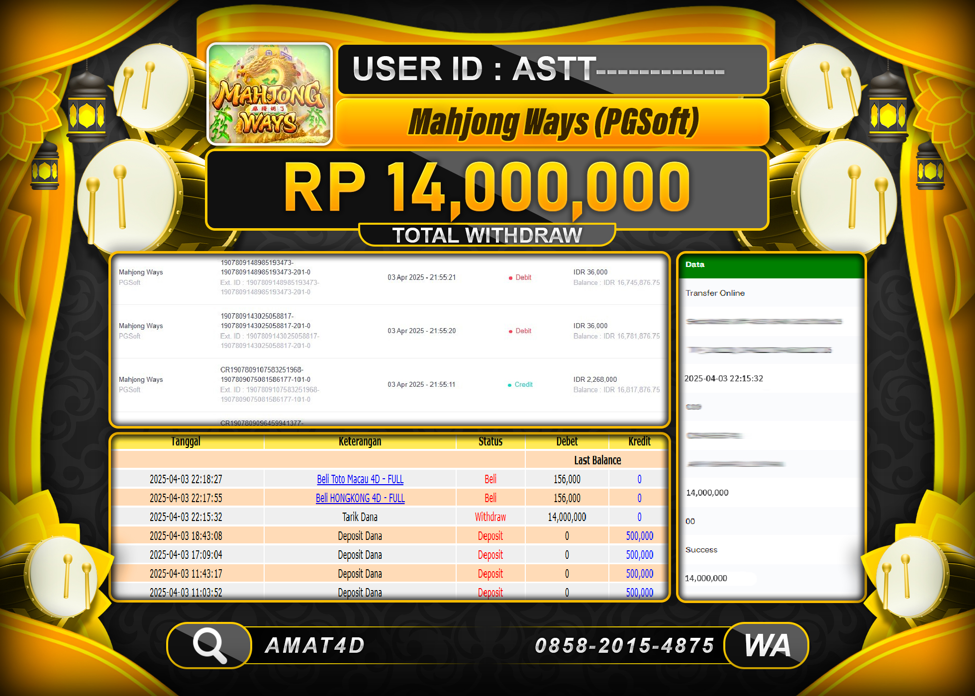 AMAT4D KEMENANGAN MAHJONG WAYS Rp.14.000.000 BERHASIL TERBAYAR LUNAS