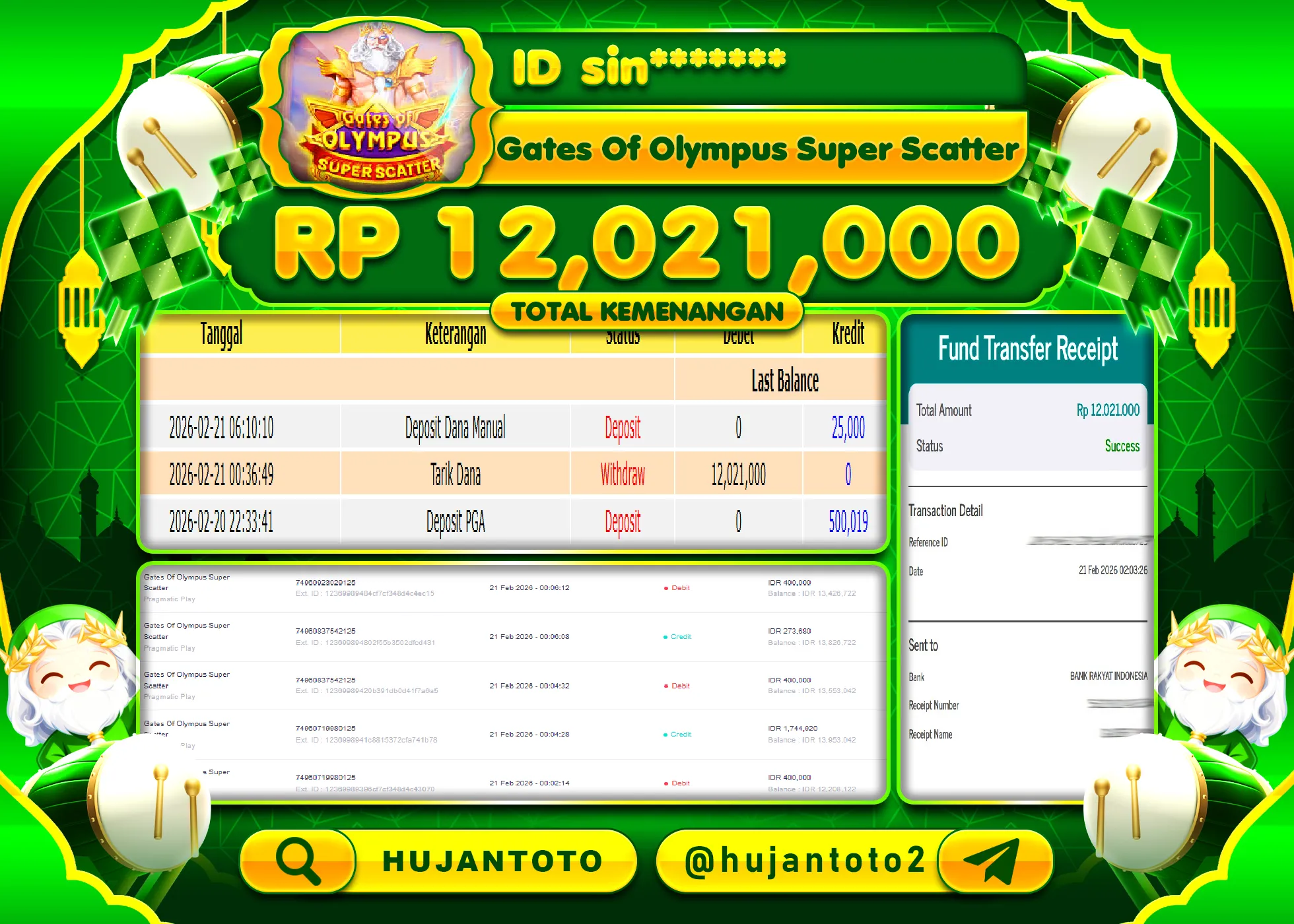 HUJANTOTO - BUKTI JACKPOT MENANG SLOT GATES OF OLYMPUS SUPER SCATTER Rp.12,021,000 - TERBAYAR LUNAS
