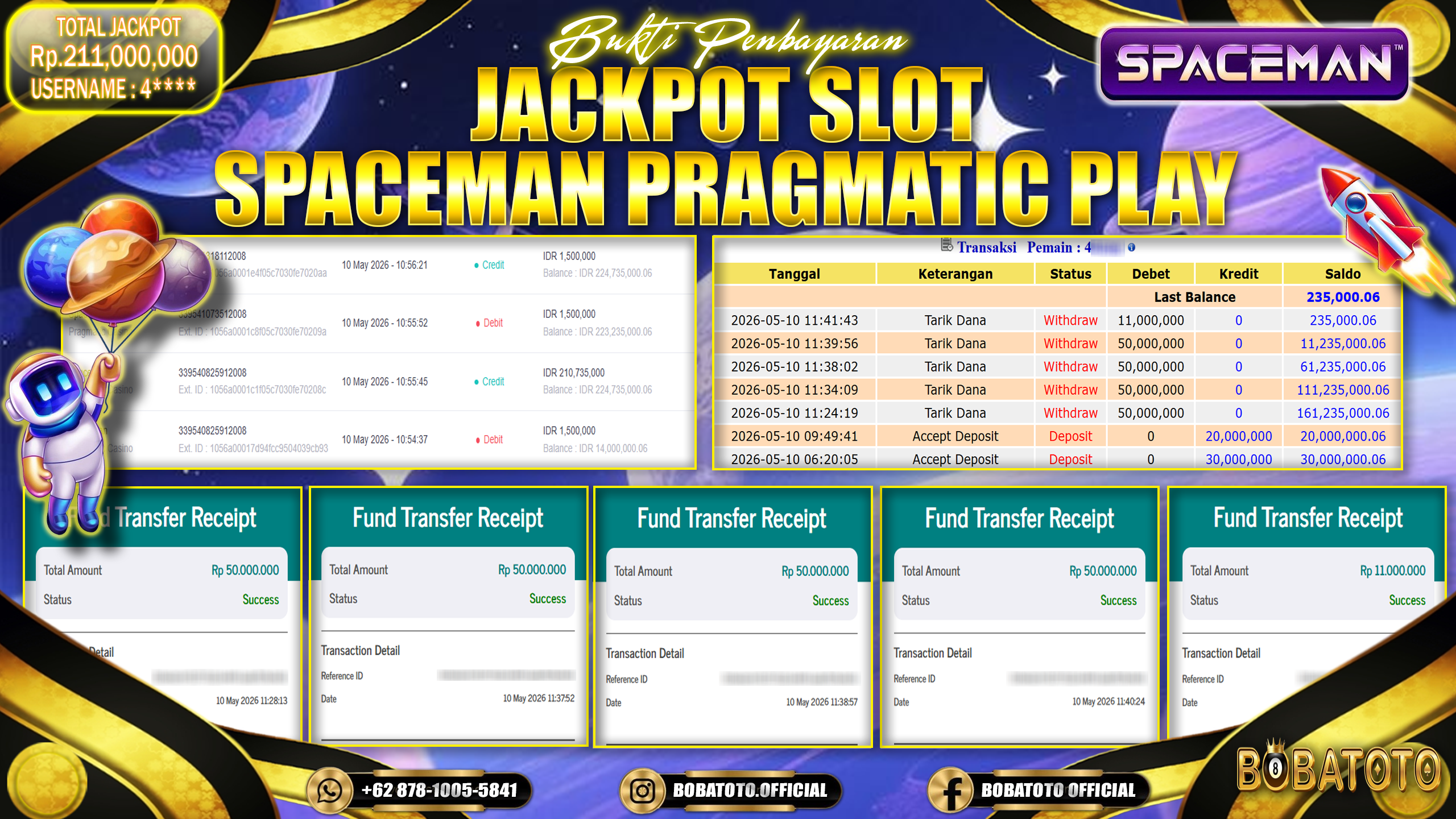 BOBATOTO JACKPOT  SLOT SPACEMAN PRAGMATIC PLAY Rp.211,000,000,- LUNAS!!!