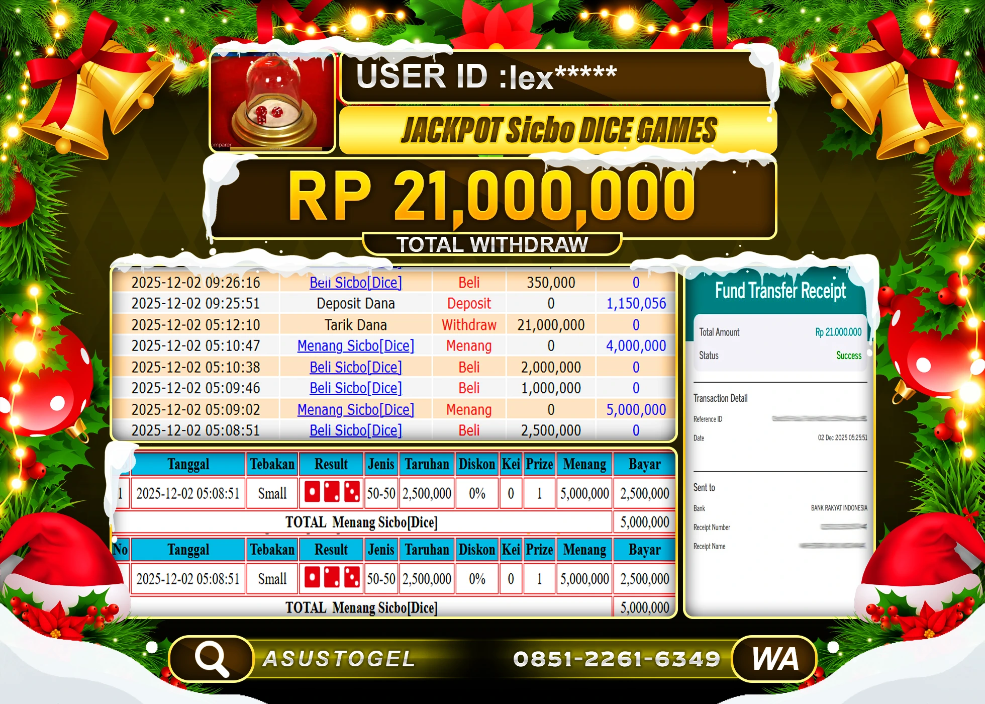 ASUSTOGEL KEMENANGAN JACKPOT DI SICBO DICE GAMES SEBESAR 21,000,000 - RUPIAH LUNAS