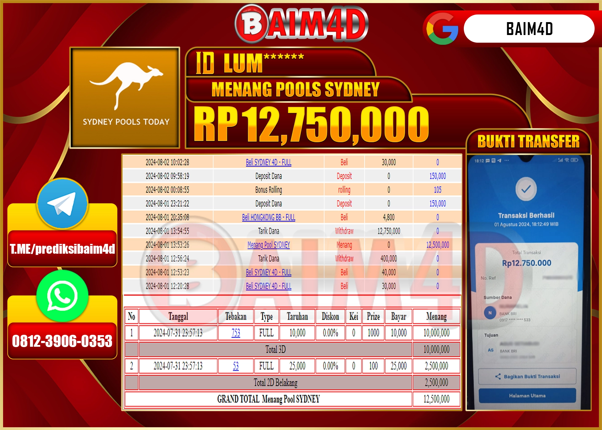 BAIM4D JACKPOT  POOLS SDYNEY Rp.12.750,000.- LUNAS