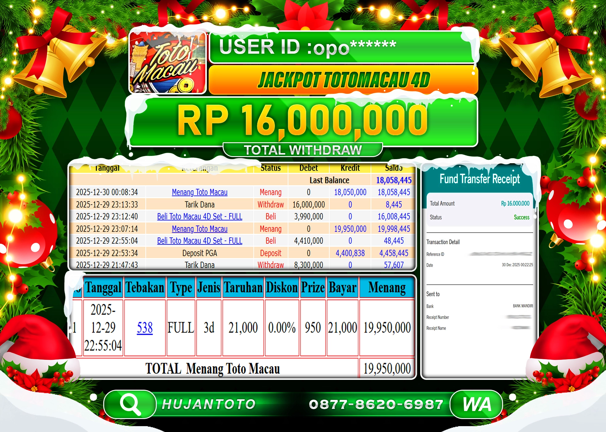 HUJANTOTO - BUKTI JACKPOT KEMENANGAN  TOGEL DI PASARAN TOTO MACAU 4D Rp.16,000,000 - TERBAYAR LUNAS