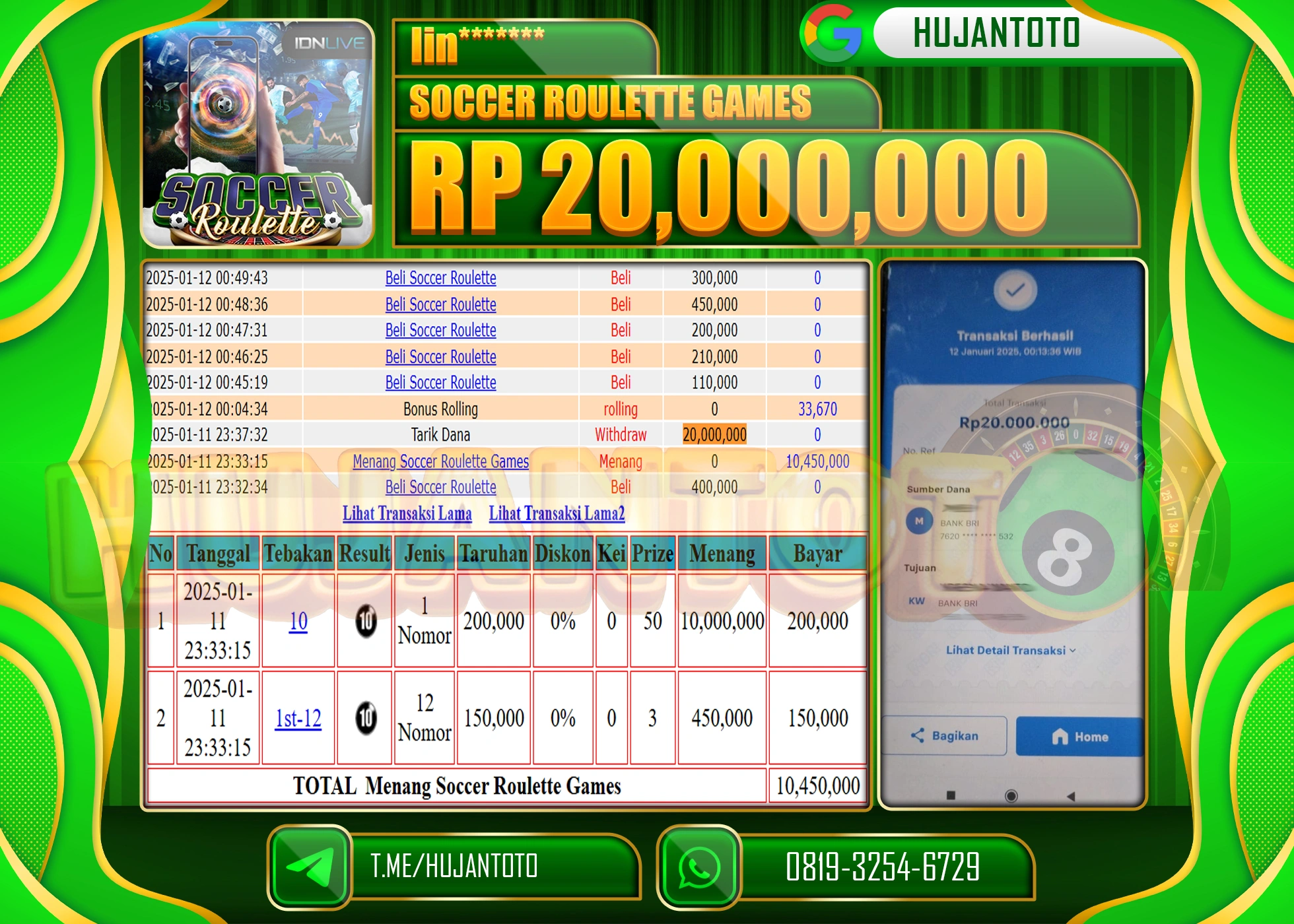 HUJANTOTO - BUKTI JACKPOT DI PERMAINAN SOCCER ROULETTE GAMES Rp. 20,000,000 - TERBAYAR LUNAS