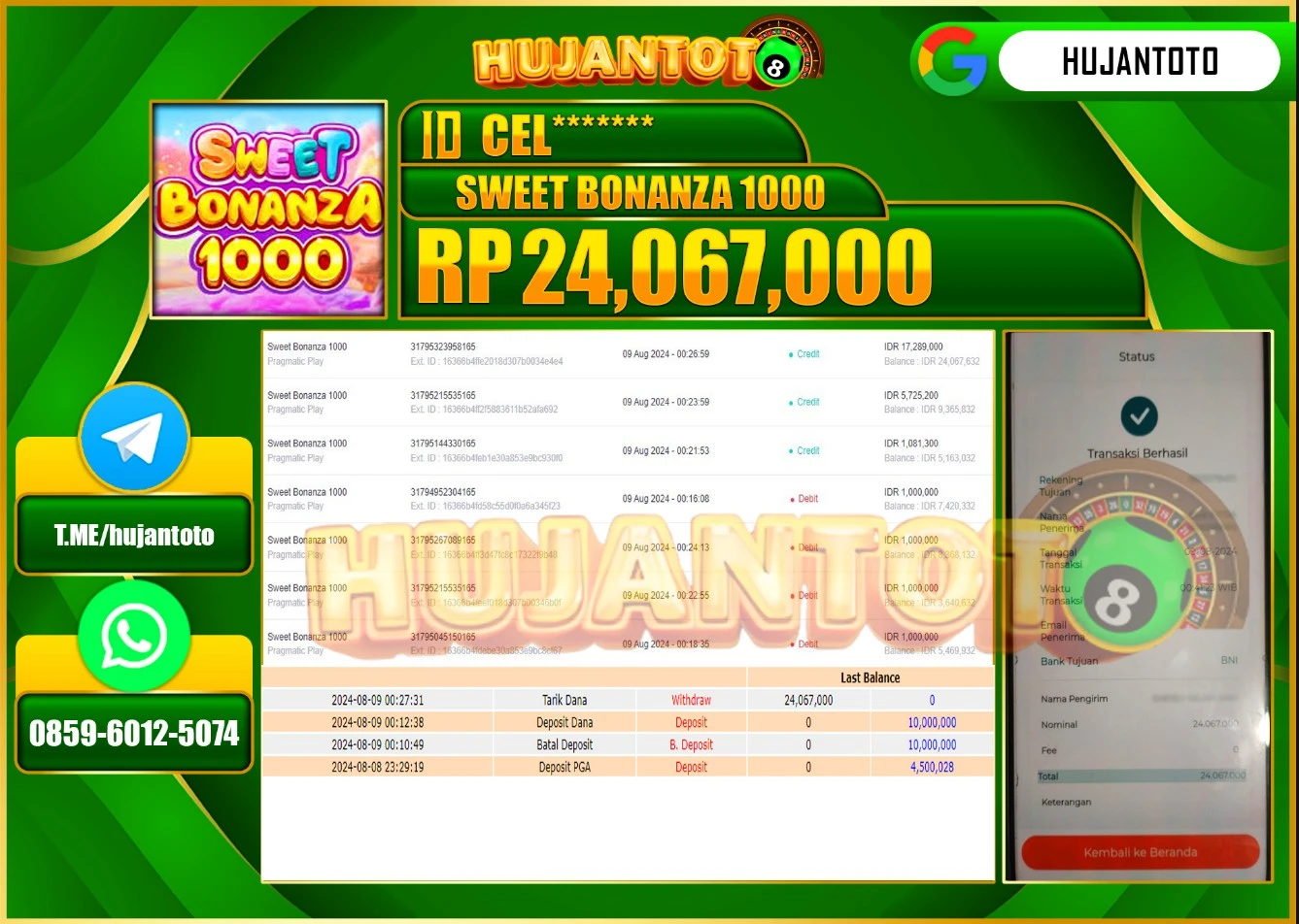HUJANTOTO MENANG BESAR DI PERMAINAN SLOT SWEET BONANZA 1000 24.067.000  - LUNAS 