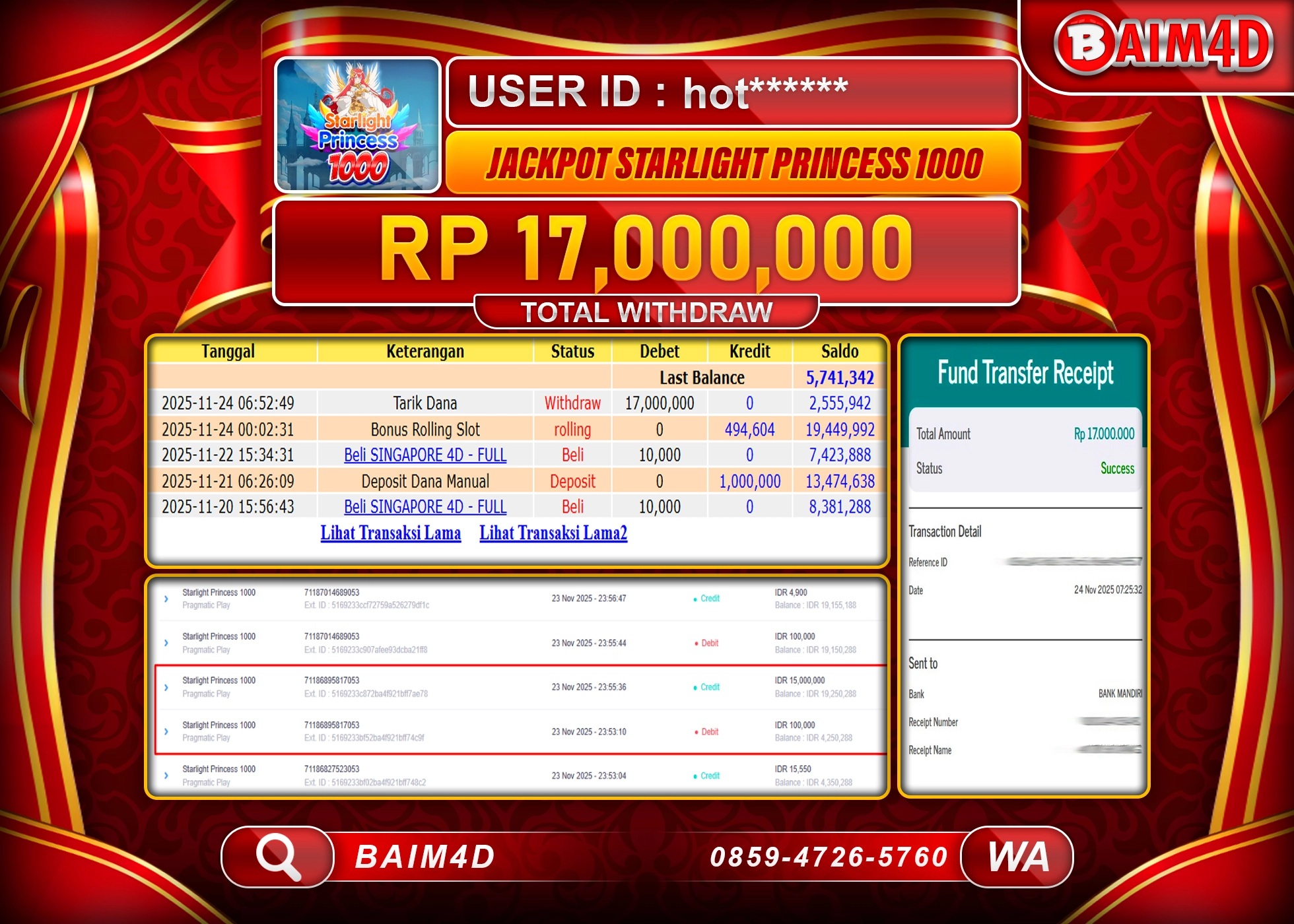 BAIM4D JACKPOT  SLOT STARLIGHT PRINCESS 1000  Rp.17,000,000 - LUNAS