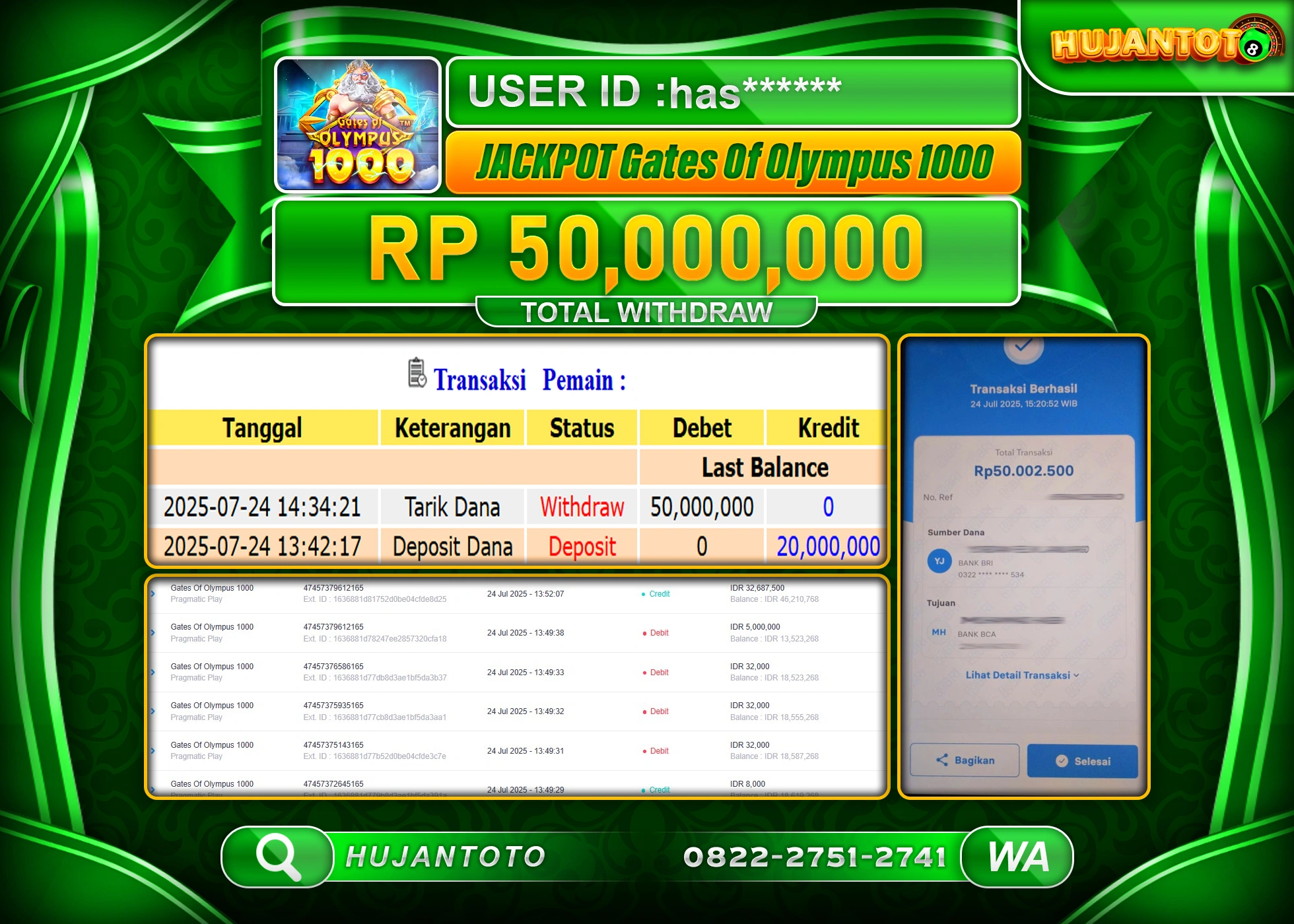HUJANTOTO - BUKTI JACKPOT MENANG SLOT GATES OF OLYMPUS 1000 Rp.50,000,000 - TERBAYAR LUNAS
