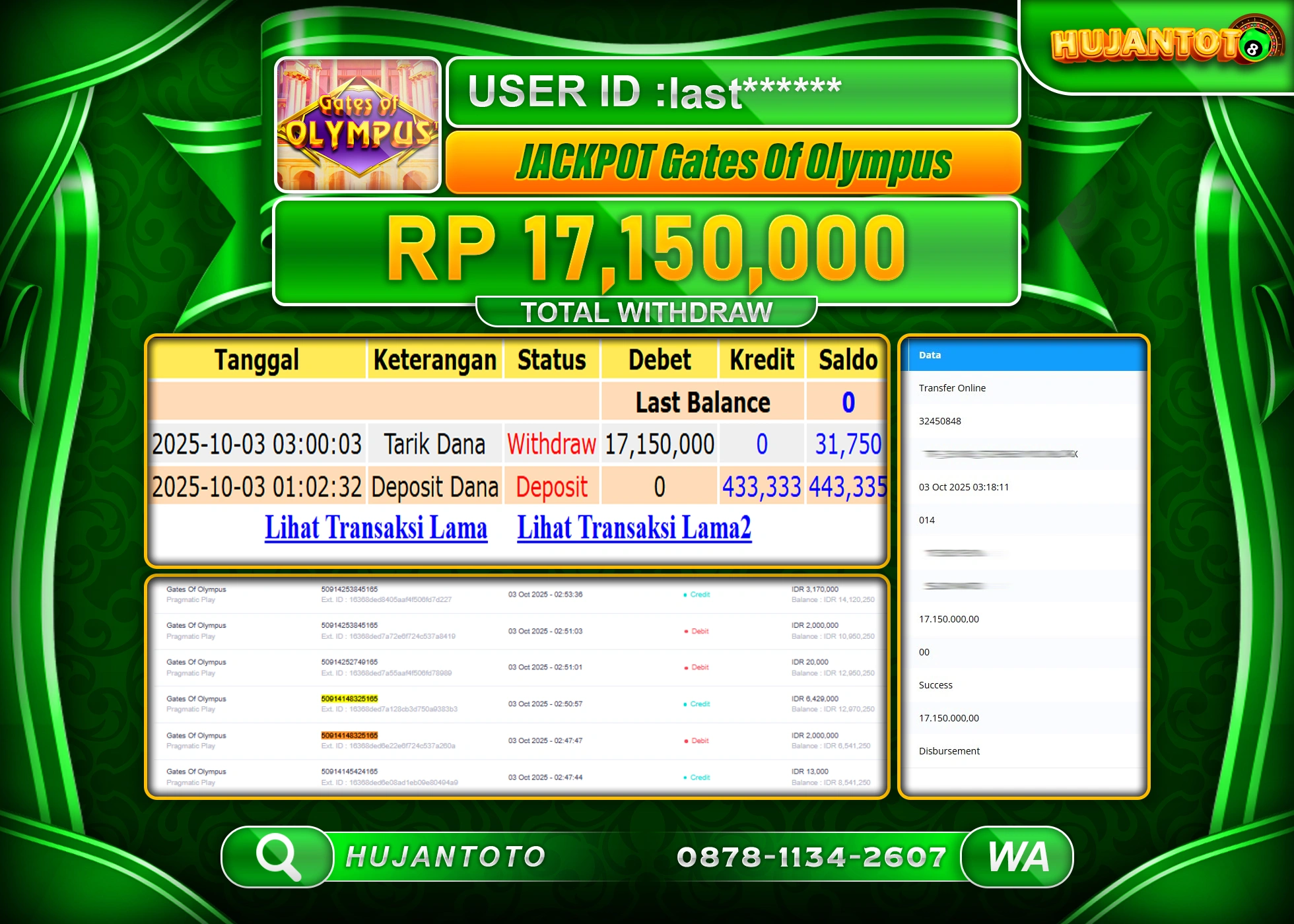 HUJANTOTO - BUKTI JACKPOT MENANG SLOT GATES OF OLYMPUS Rp.17,150,000  - TERBAYAR LUNAS