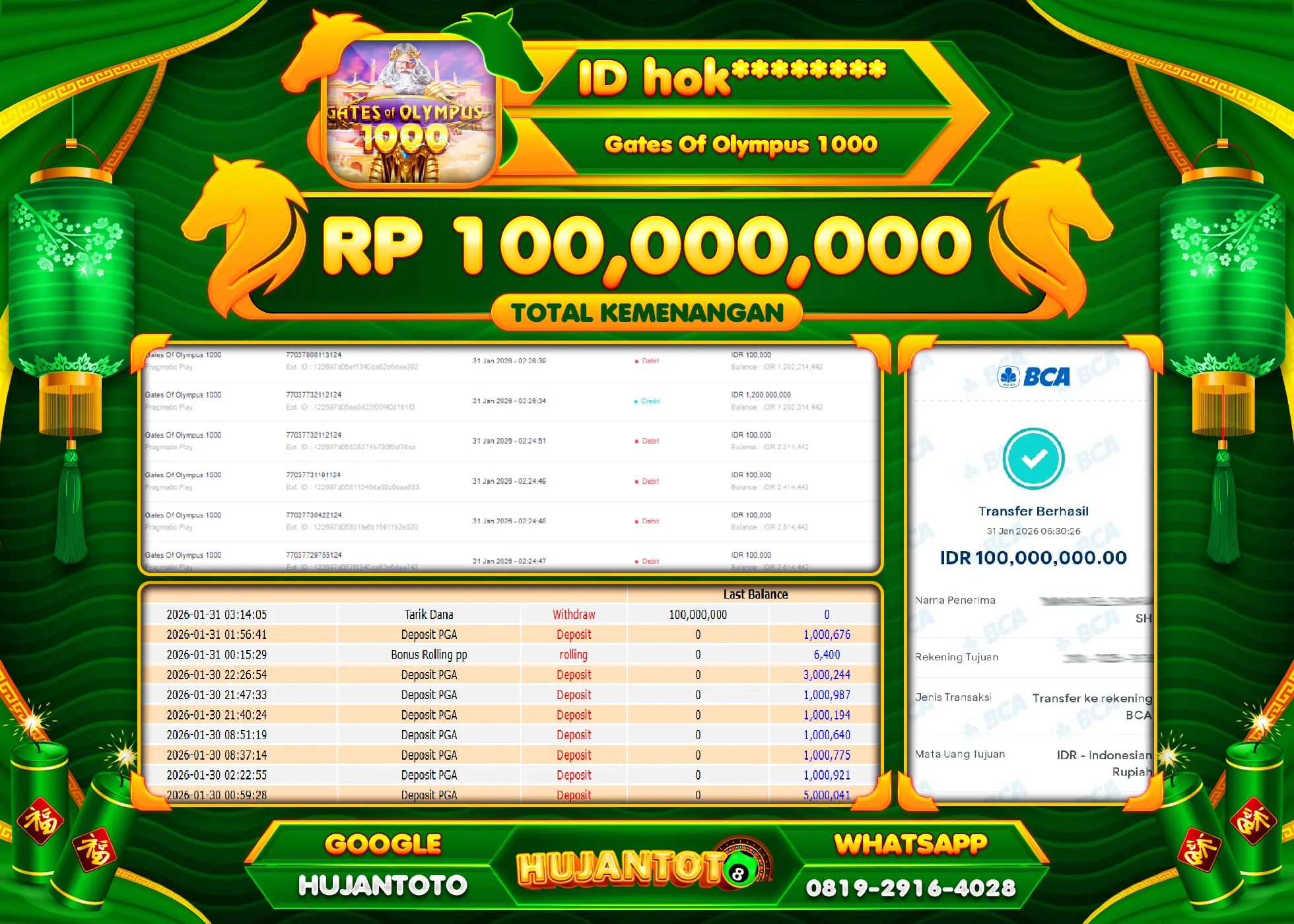 HUJANTOTO - BUKTI JACKPOT MENANG SLOT GATES  OF OLYMPUS 1000 Rp.100,000,000 - TERBAYAR LUNAS