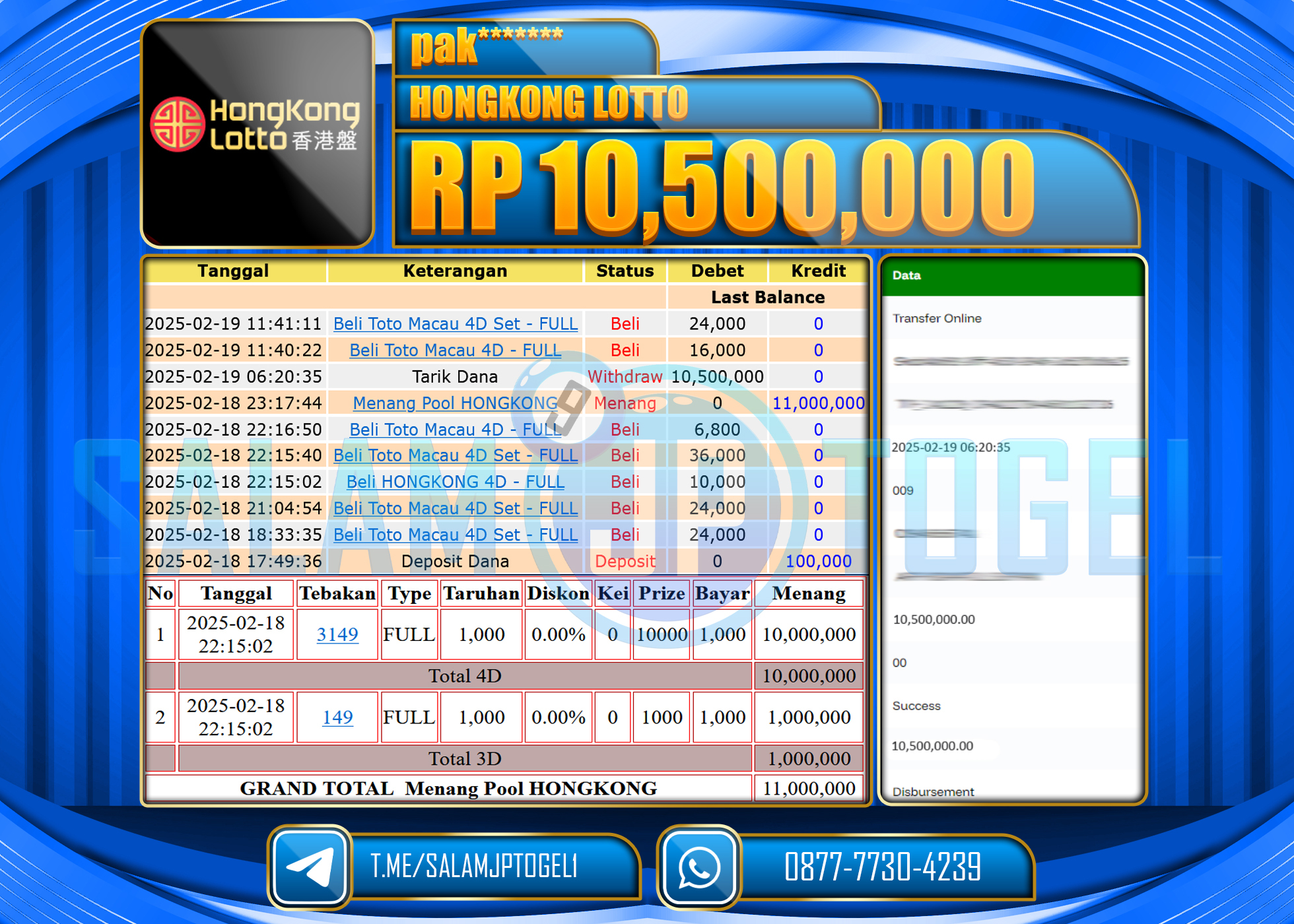 SALAMJPTOGEL MENANG TOGEL HONGKONG LOTTO Rp. 10,500,000 LUNAS