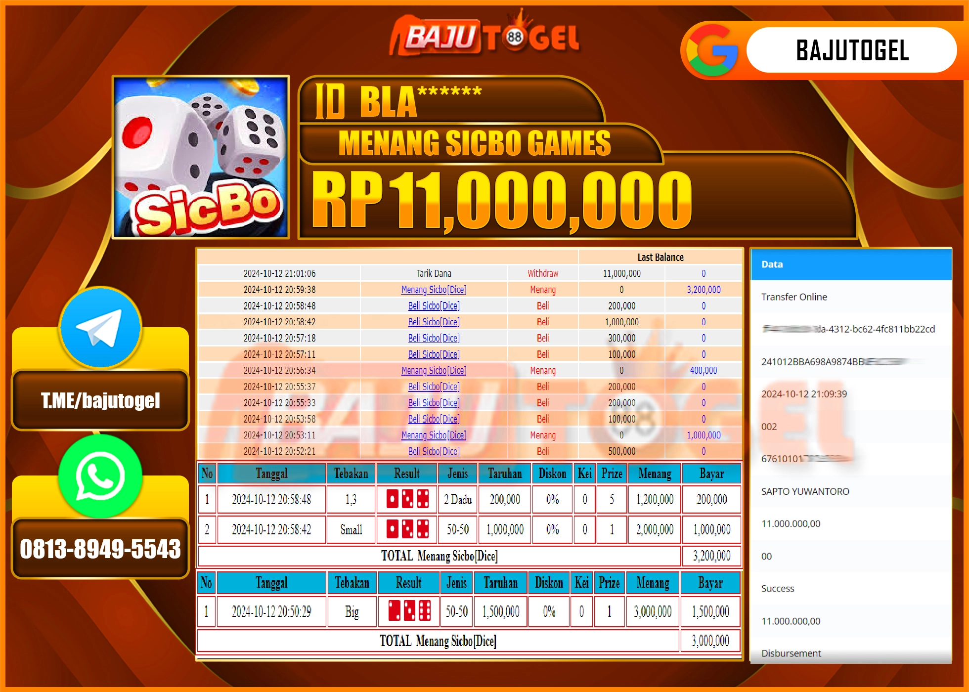 BAJUTOGEL JACKPOT LIVE CASINO SICBO GAMES Rp.11.000.000 LUNAS