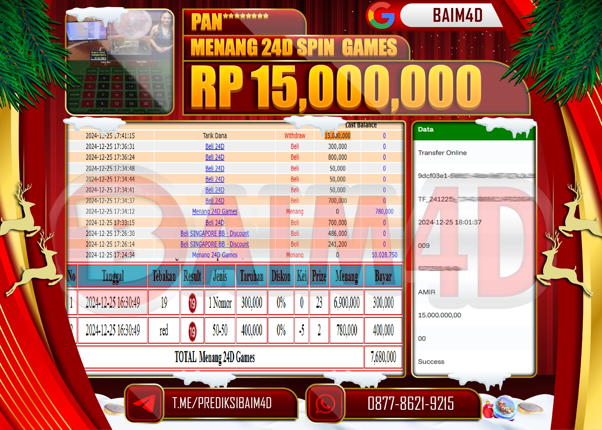BAIM4D JACKPOT MENANG 24D Games Rp.15,000,000.- LUNAS