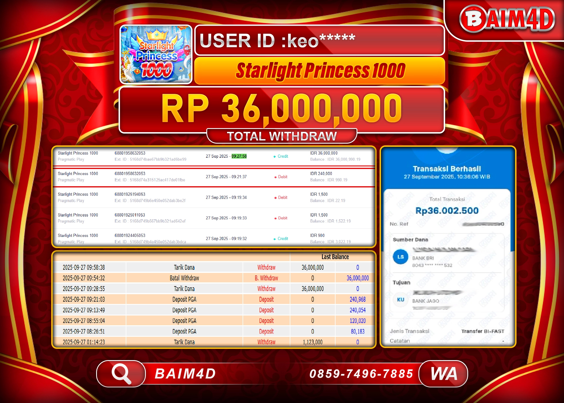BAIM4D JACKPOT SLOT STARLIGHT PRINCESS 1000 Rp.36,000,000.- LUNAS