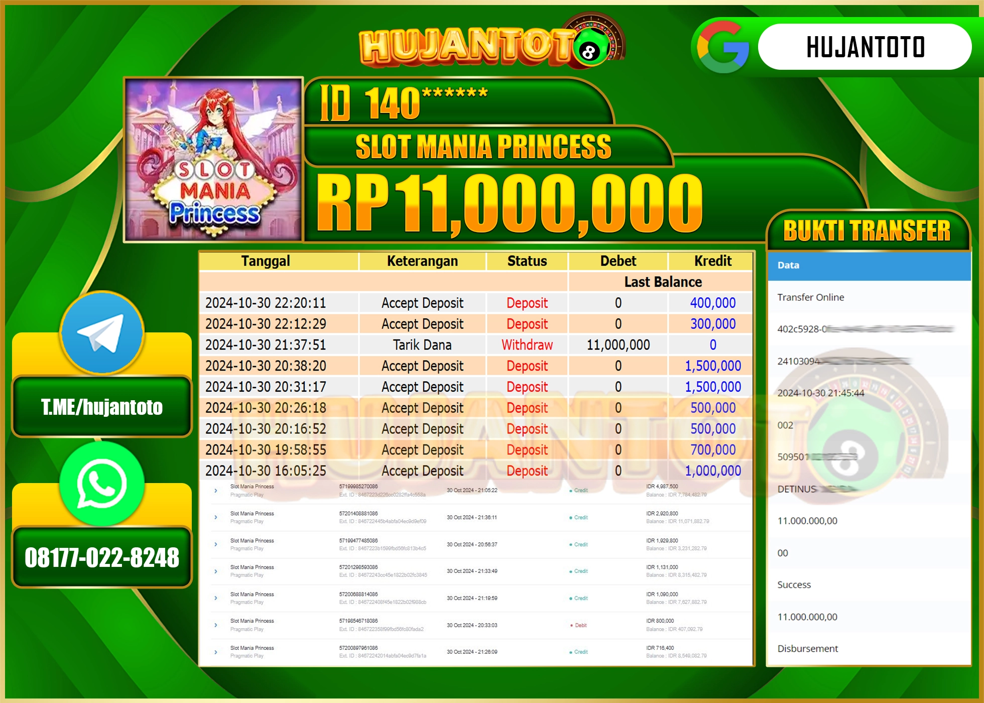 HUJANTOTO MENANG DI PERMAINAN SLOT MANIA PRINCESS - 11,000,000 - LUNAS
