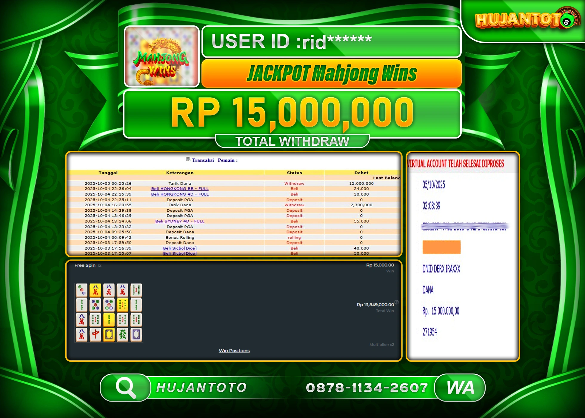 HUJANTOTO - BUKTI JACKPOT MENANG SLOT MAHJONG WINS Rp.15,000,000 - TERBAYAR LUNAS