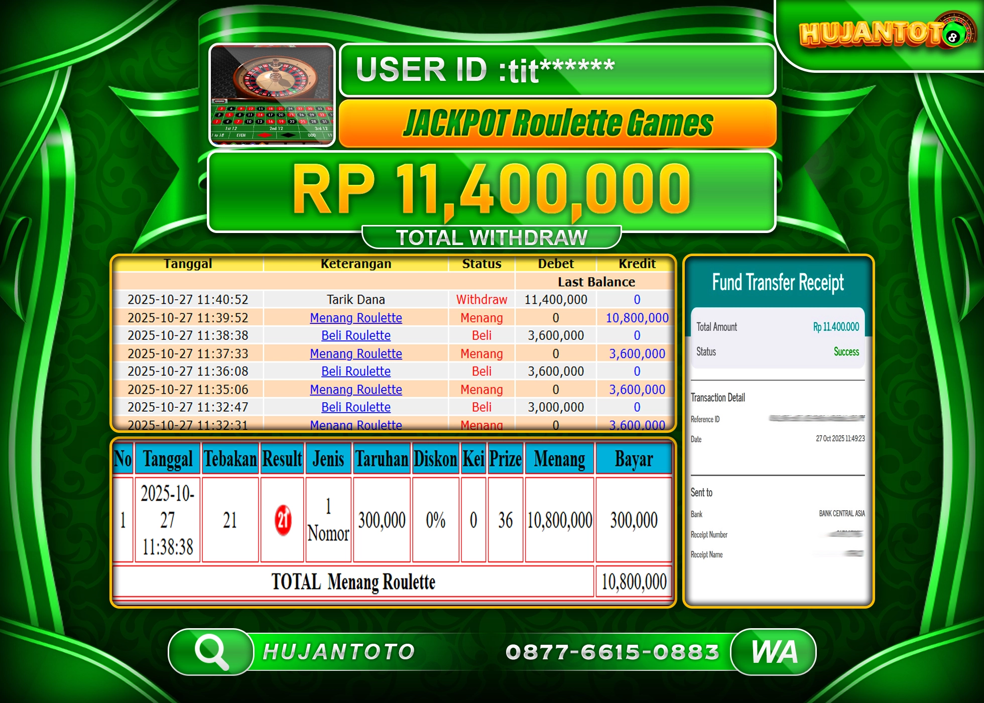 HUJANTOTO - BUKTI JACKPOT MENANG LIVEGAME ROULETTE Rp.11,400,000 - TERBAYAR LUNAS