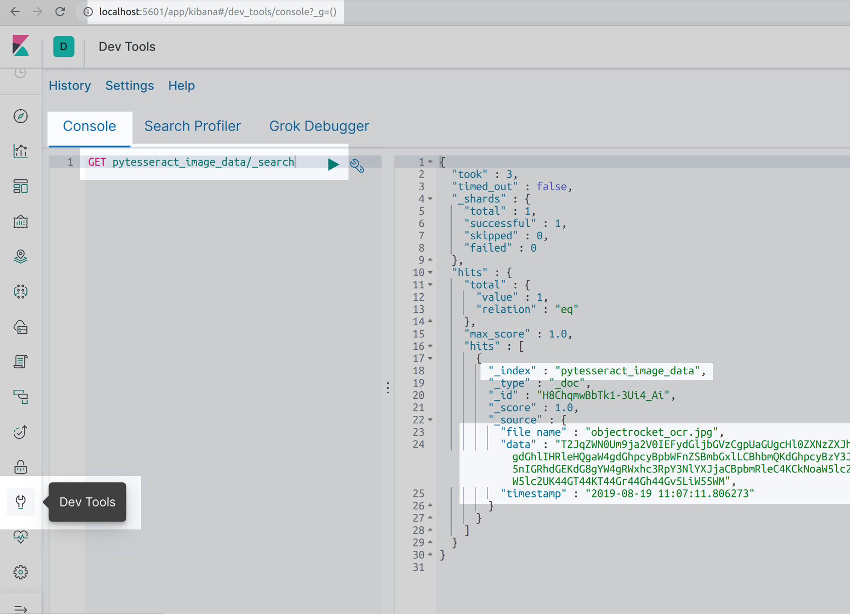 Screenshot of the Kibana Console UI getting Tesseract OCR data indexed inn Elasticsearch