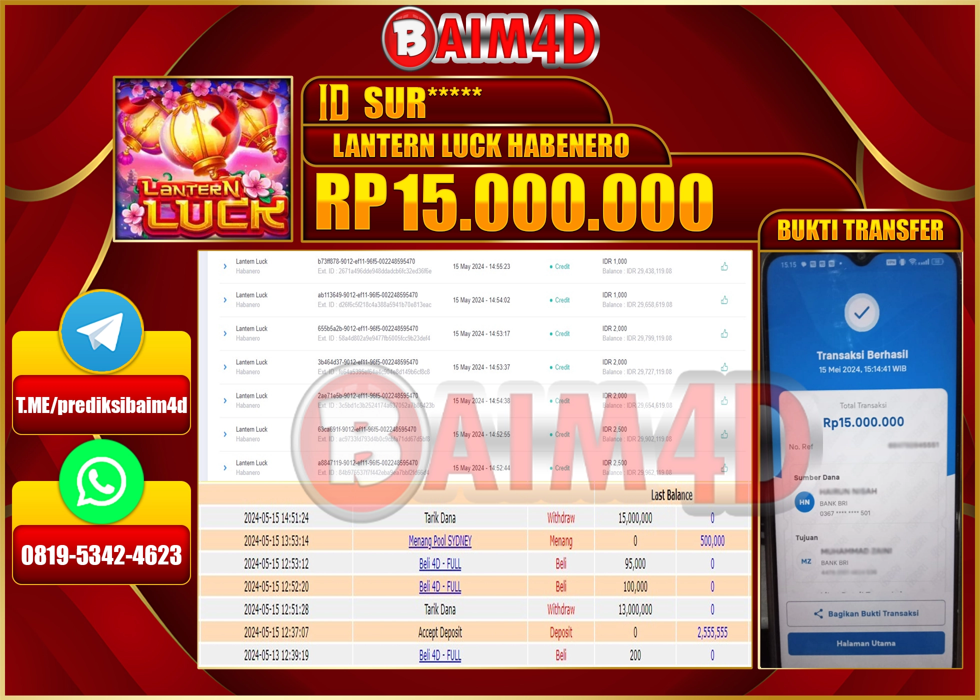 BAIM4D JACKPOT di LANTERN LUCK Rp.15,000,000.,- LUNAS