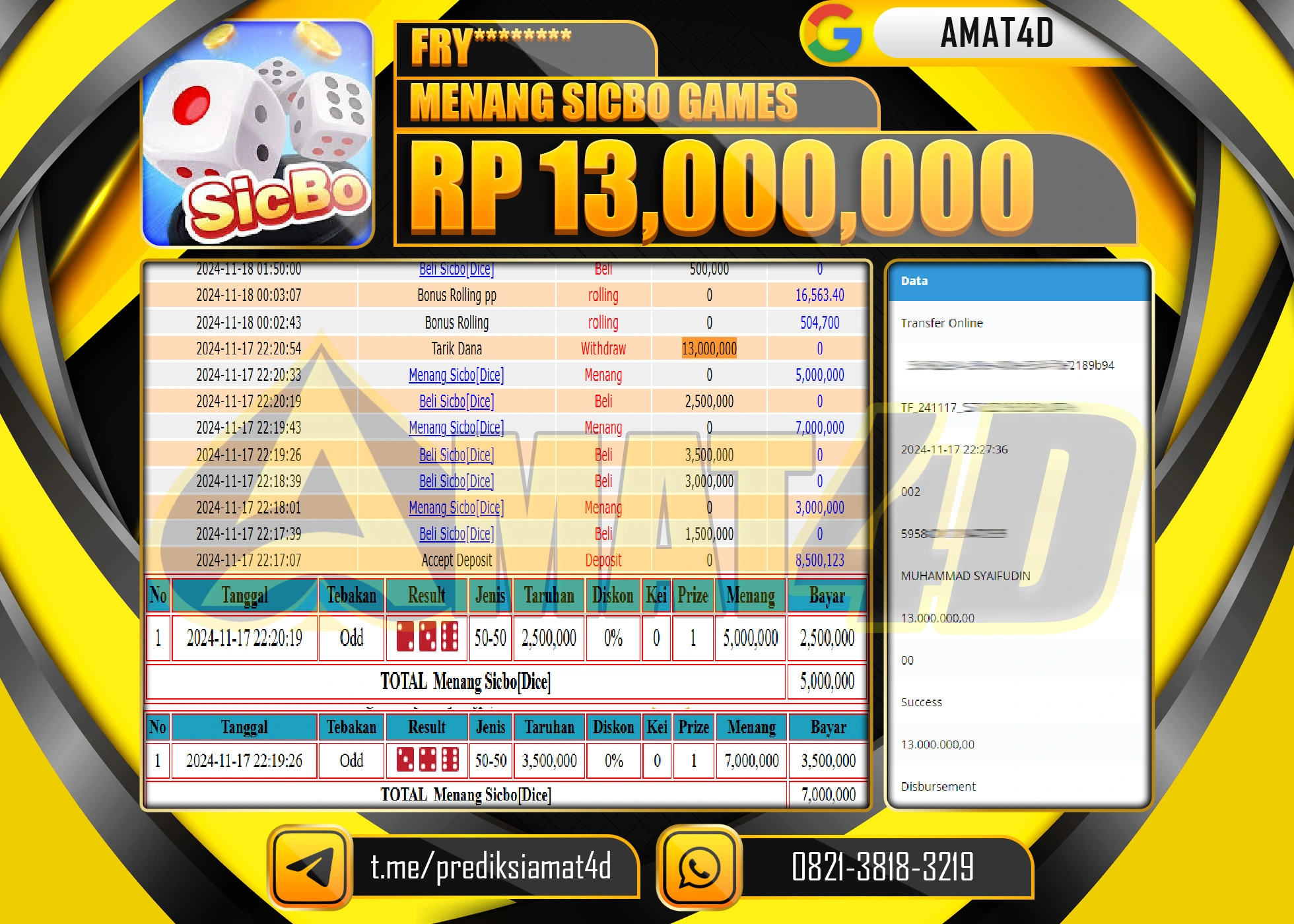 AMAT4D KEMENANGAN JACKPOT SICBO GAMES Rp.13.000.000 BERHASIL TERBAYAR LUNAS !