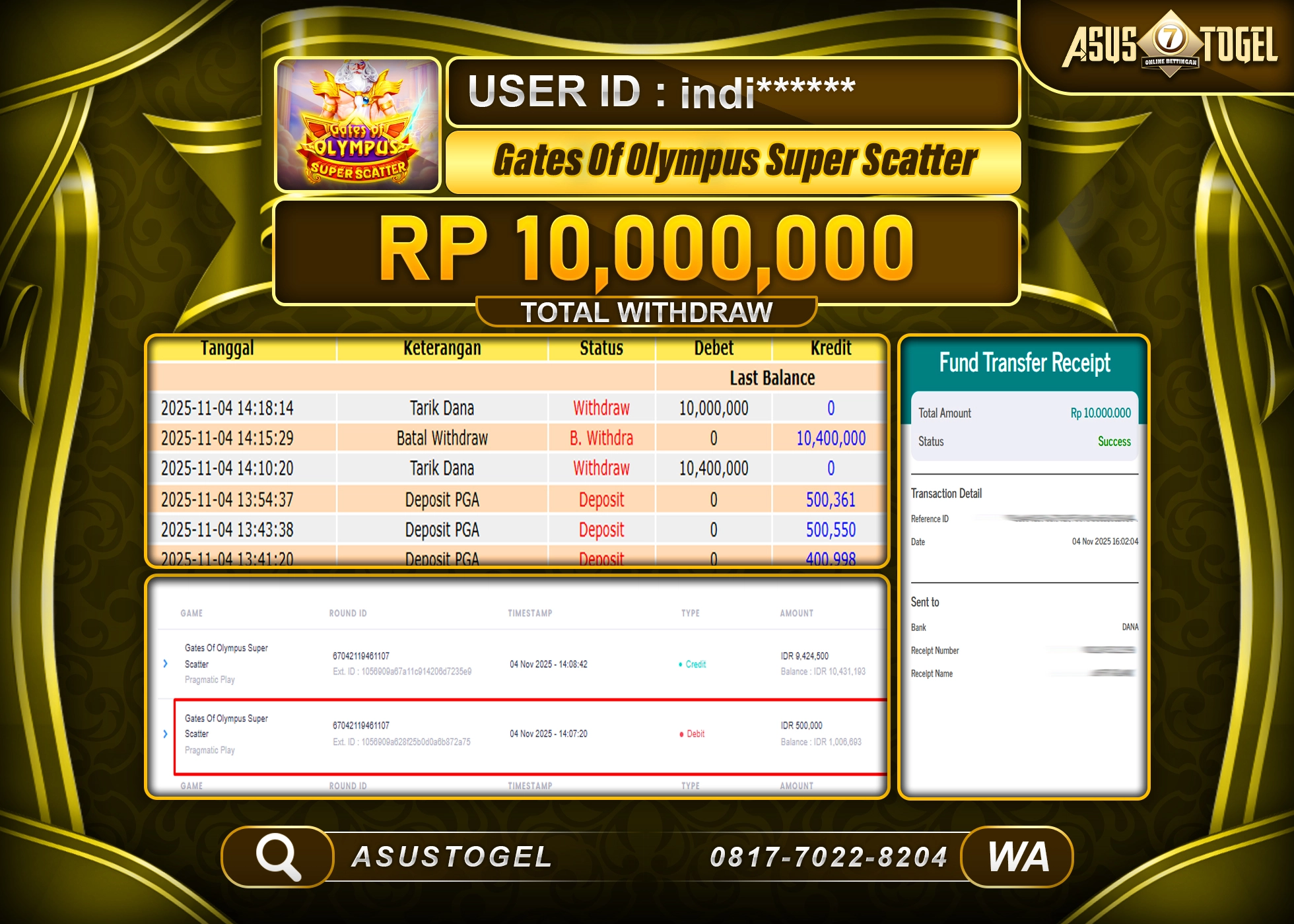 ASUSTOGEL KEMENANGAN DI SLOT GATES OF OLYMPUS SUPER SCATTER SEBESAR 10,000,000 - RUPIAH LUNAS