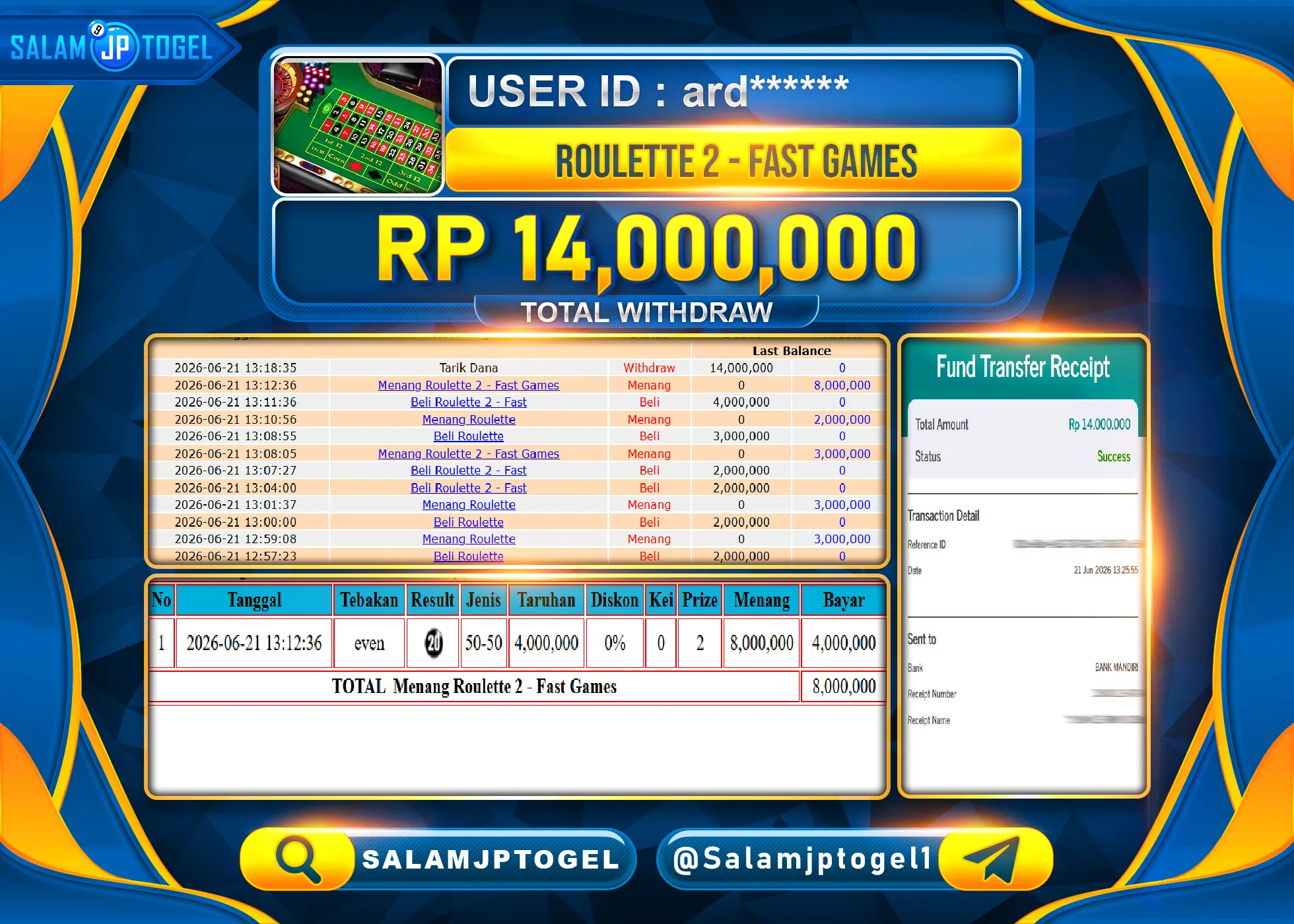 SALAMJPTOGEL JACKPOT MENANG LIVE CASINO ROULETTE 2  Rp.14,000,000 - LUNAS