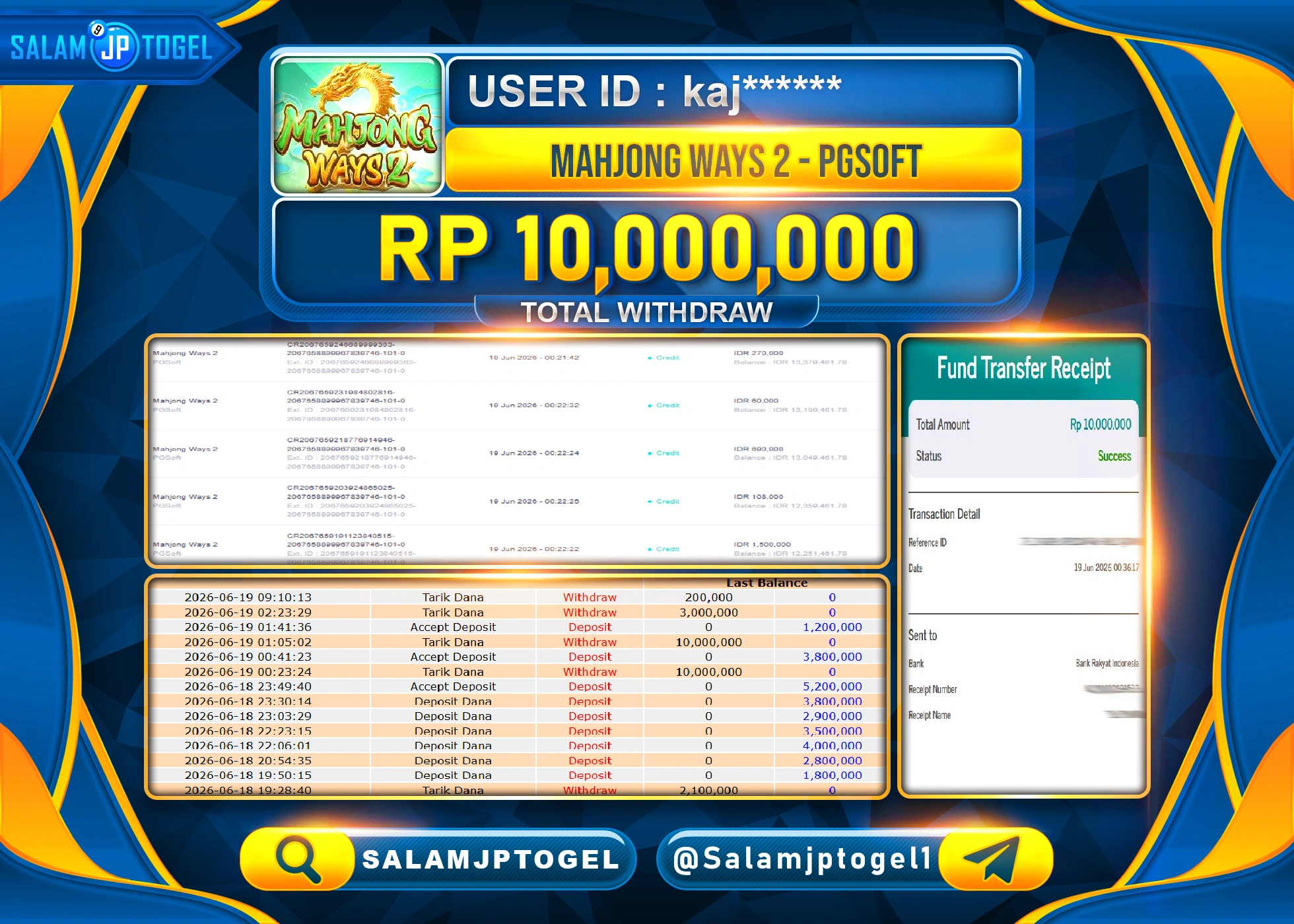 SALAMJPTOGEL JACKPOT MENANG SLOT MAHJONG WAYS 2 PG SOFT Rp.10,000,000 - LUNAS