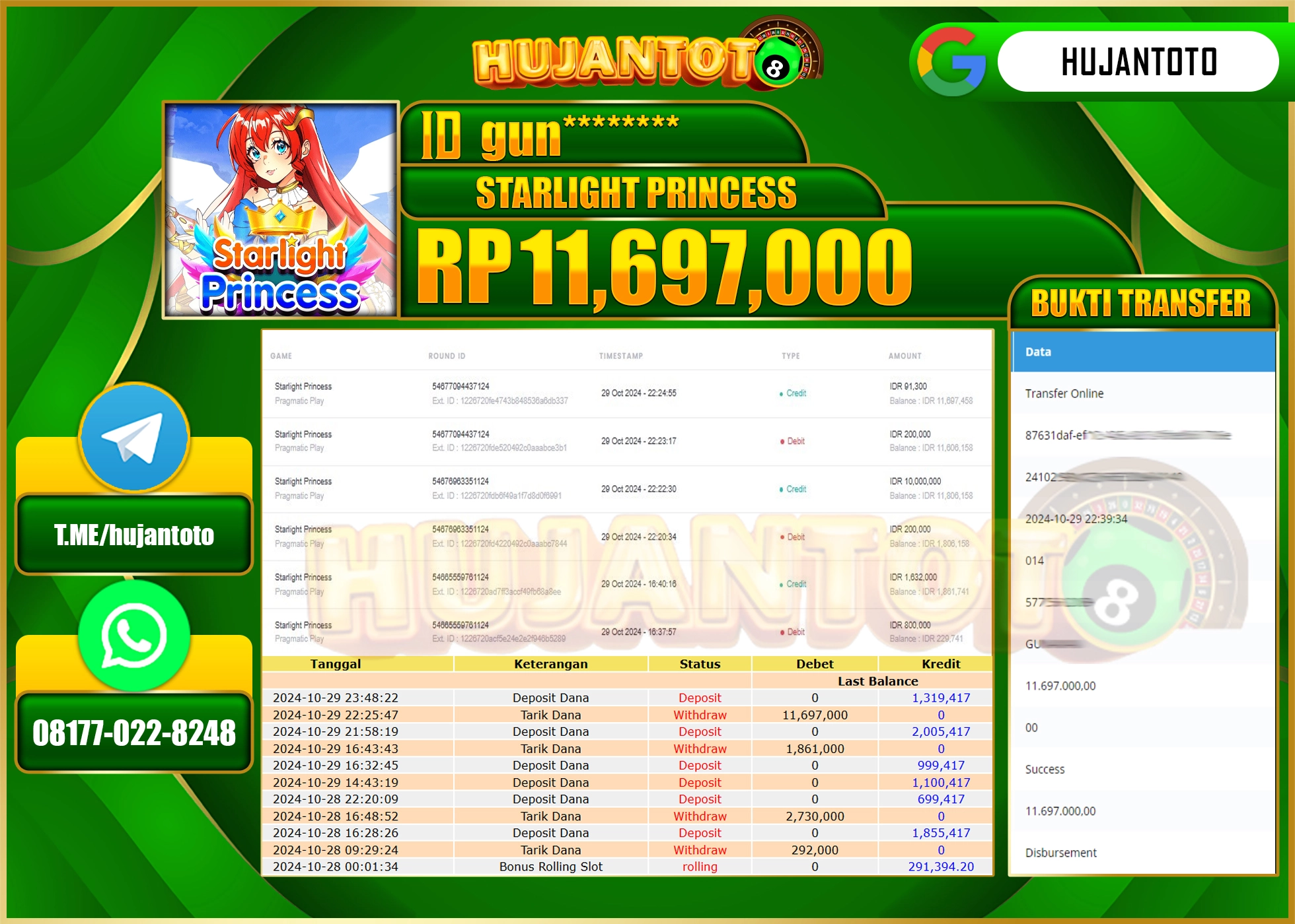 HUJANTOTO MENANG DI PERMAINAN STARLIGHT PRINCESS - 11,697,000 - LUNAS