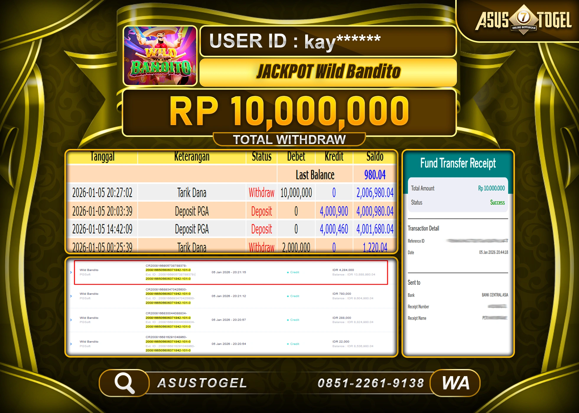 ASUSTOGEL KEMENANGAN DI SLOT WILD BANDITO  SEBESAR 10,000,000 - RUPIAH LUNAS