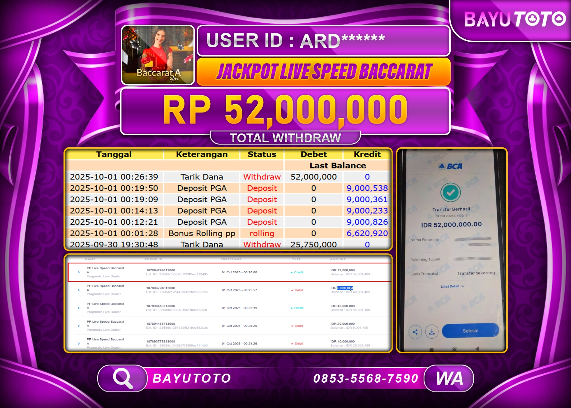 BAYUTOTO JACKPOT DI GAME  LIVEGAMES PP LIVE SPEED BACCARAT A Rp.52,000,000 LUNAS