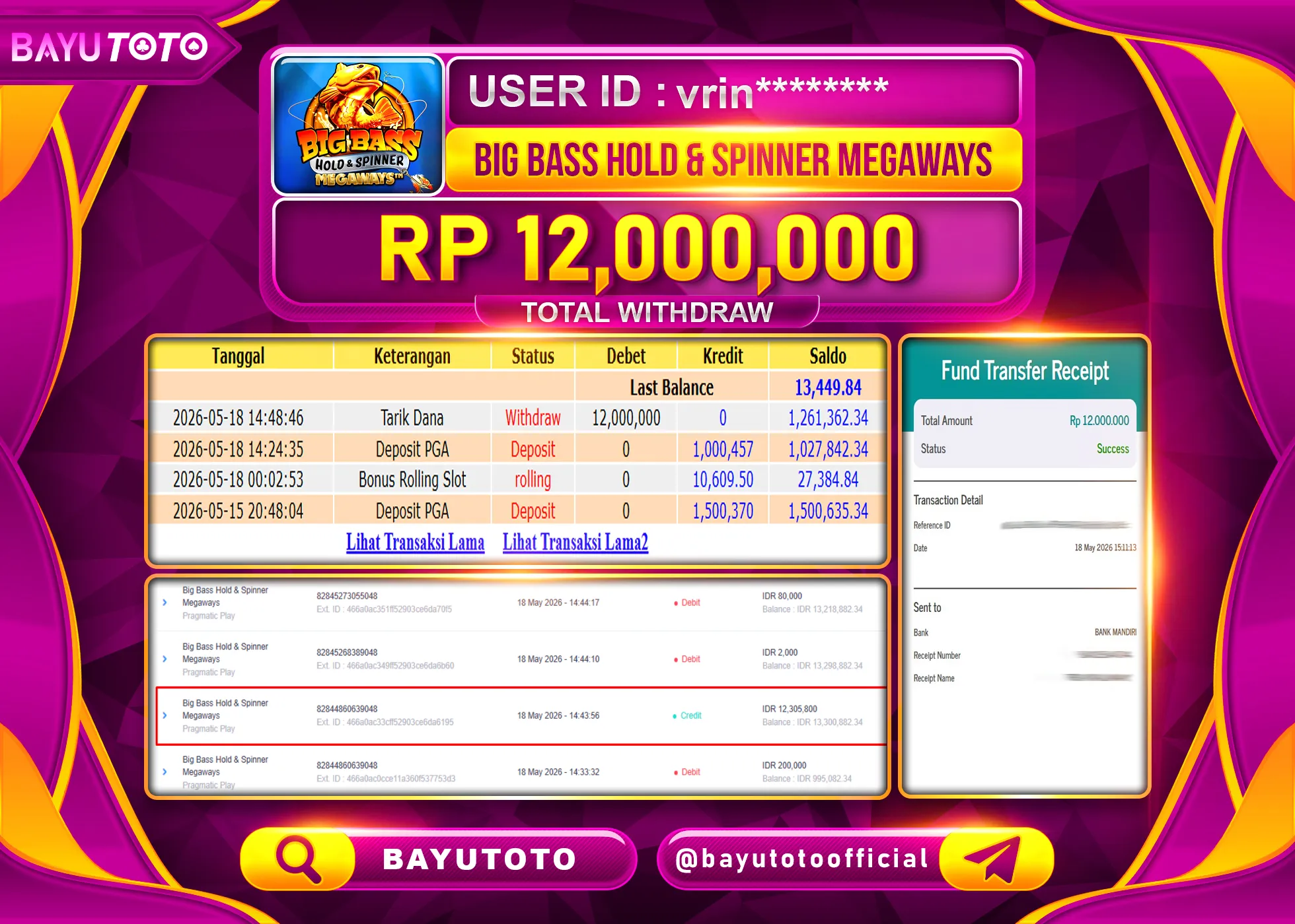 MEMBER SETIA BAYUTOTO JACKPOT DI BIG BASS HOLD & SPINNER MEGAWAYS Rp. 12,000,000 LUNAS