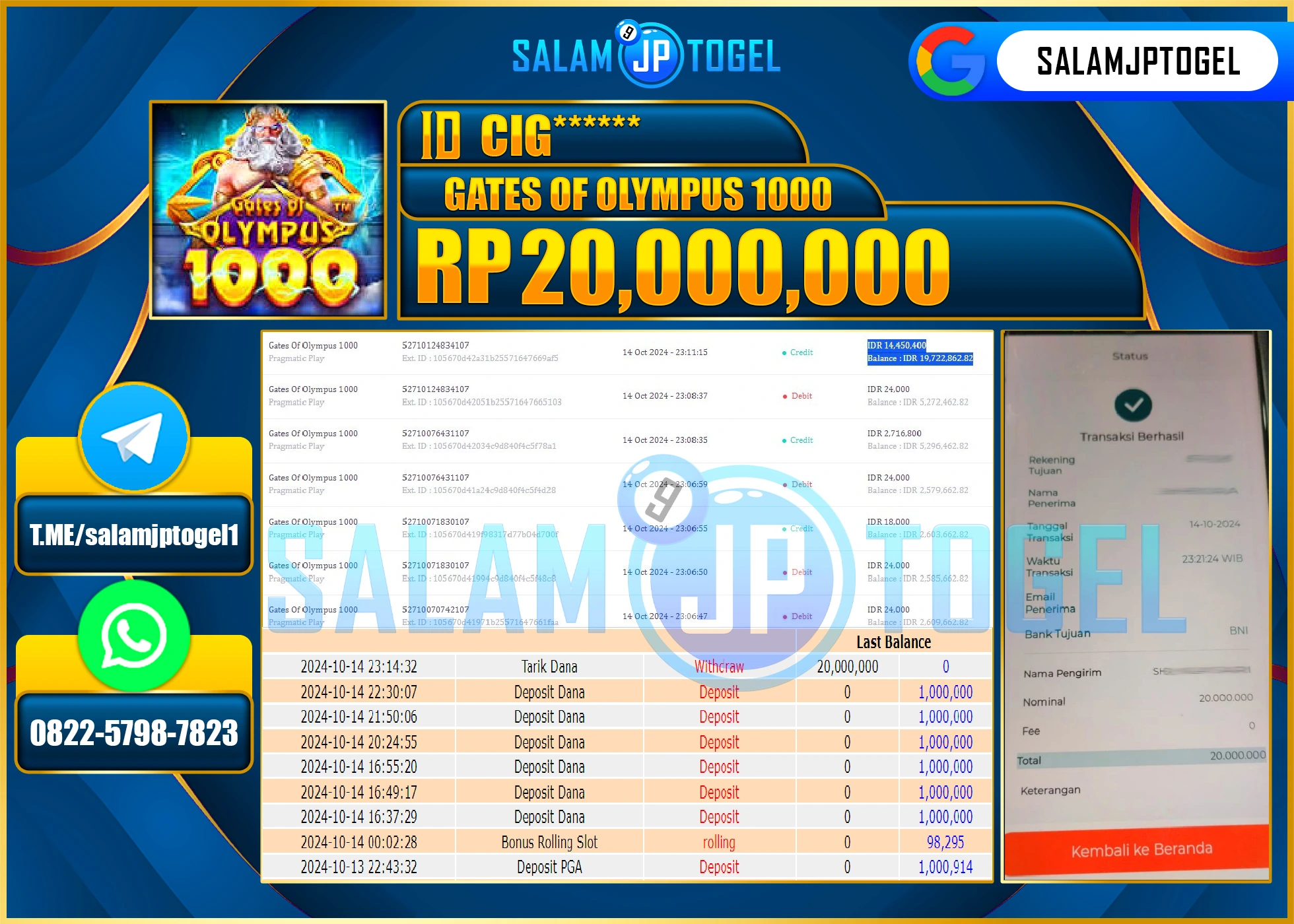 SALAMJPTOGEL MENANG SLOT GATES OF OLYMPUS 1000 RP. 20,000,000 LUNAS