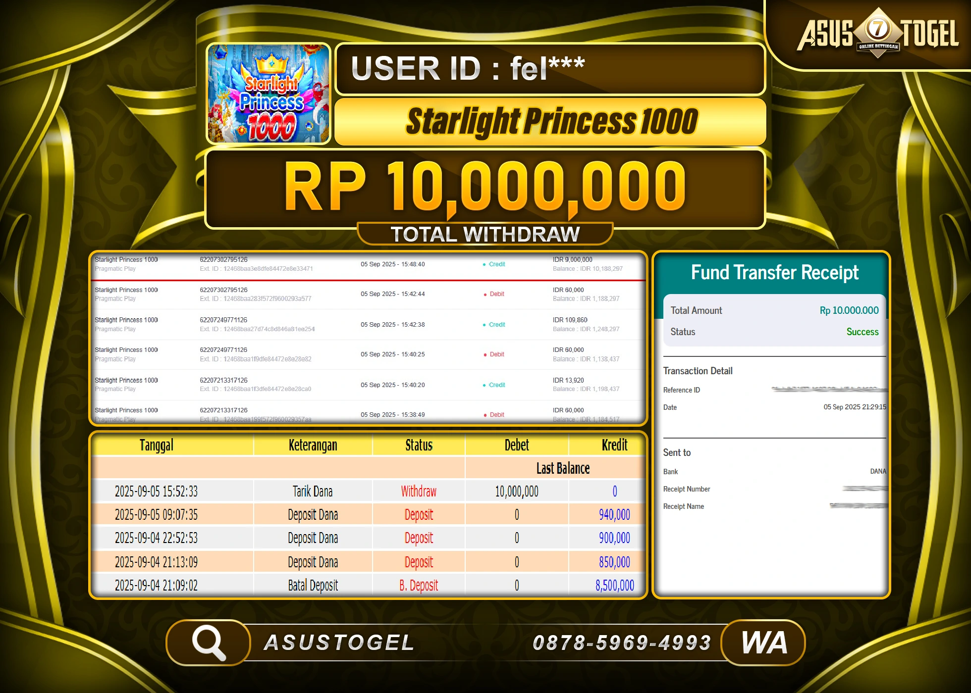 ASUSTOGEL KEMENANGAN DI SLOT STARLIGHT PRINCESS 1000 SEBESAR 10,000,000- RUPIAH LUNAS