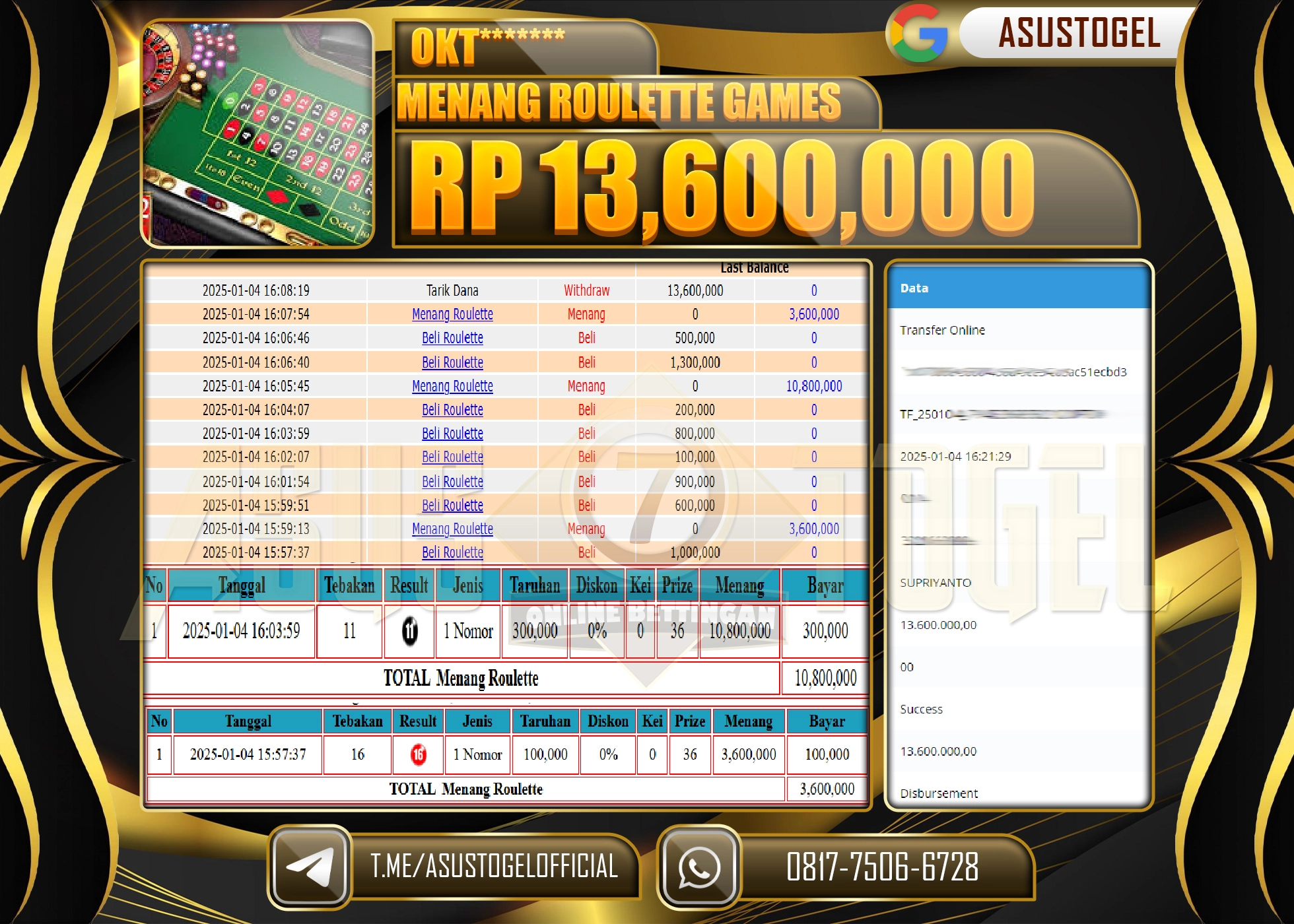 ASUSTOGEL KEMENANGAN DI LIVE ROULETTE GAMES  SEBESAR 13,600,000- RUPIAH LUNAS
