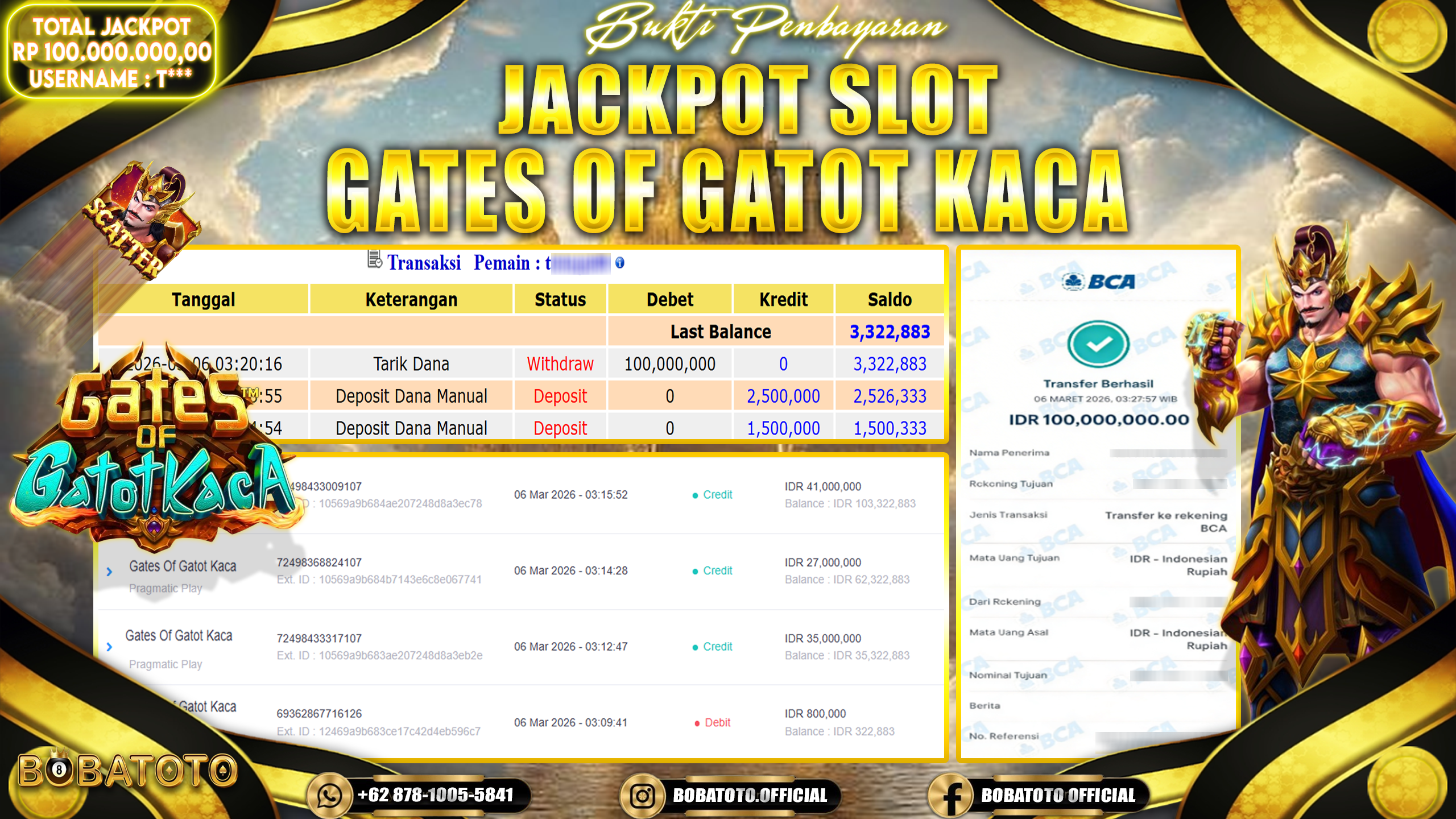 BEJOTOTO JACKPOT PRAGMATIC GATES OF GATOT KACA Rp.100,000,000,- LUNAS!!