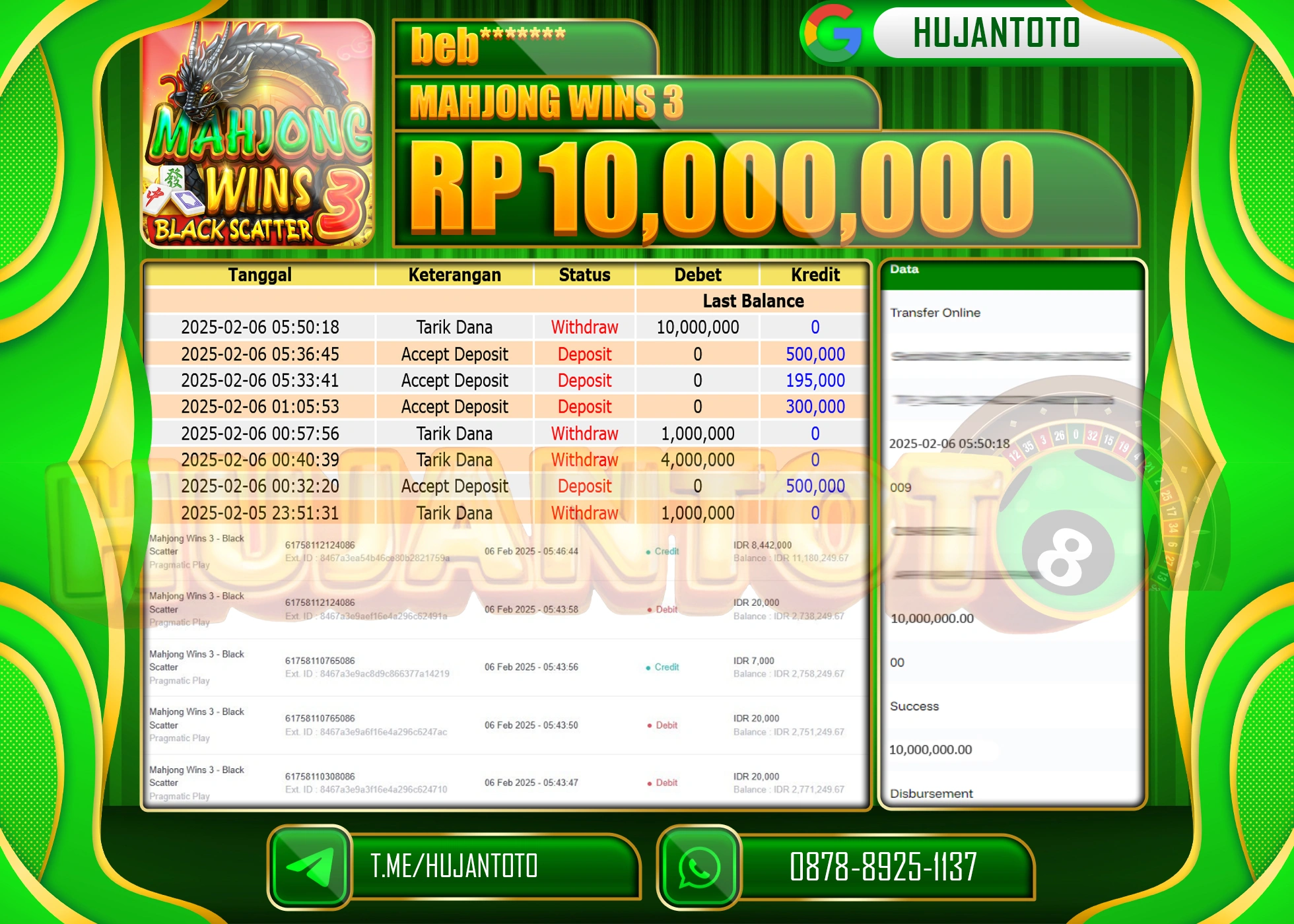 HUJANTOTO - BUKTI JACKPOT MENANG SLOT MAHJONG WINS 3 Rp,10,000,000 - TERBAYAR LUNAS